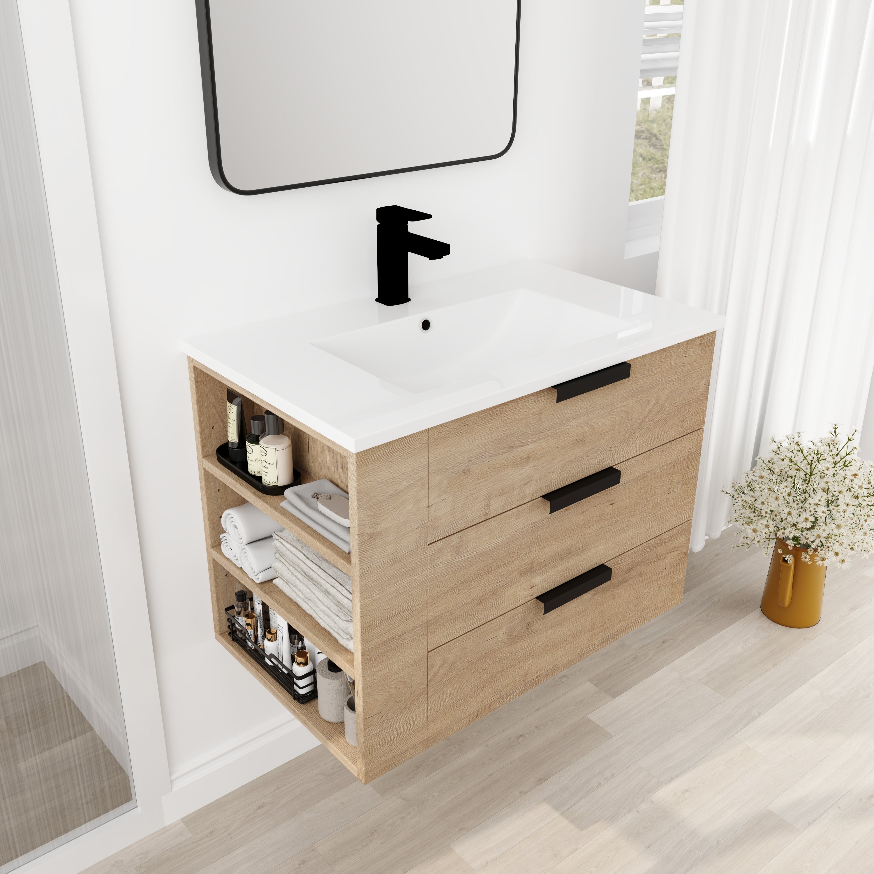 30 Inch Wall Mounting Bathroom Vanity with Cultured Marble Sink with Soft Close Drawer and Side Shelf