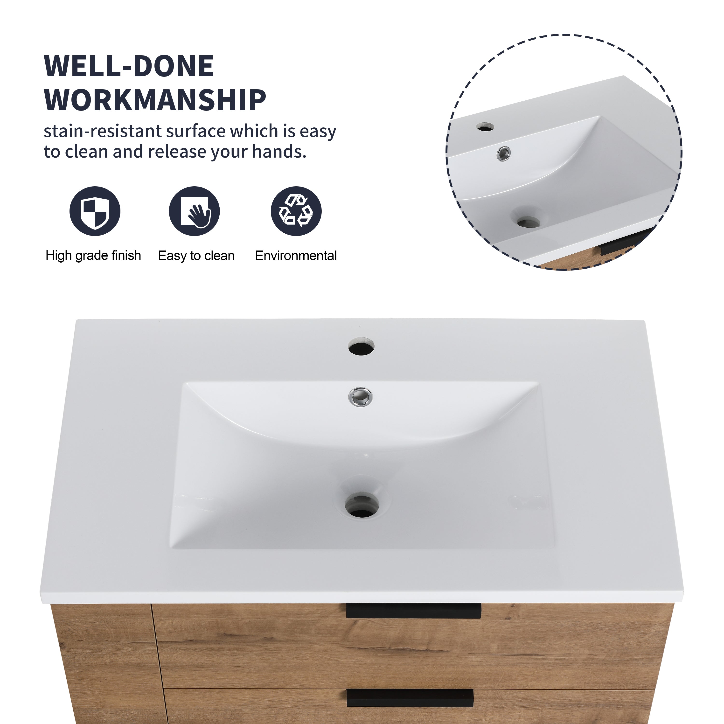 30 Inch Wall Mounting Bathroom Vanity with Cultured Marble Sink with Soft Close Drawer and Side Shelf