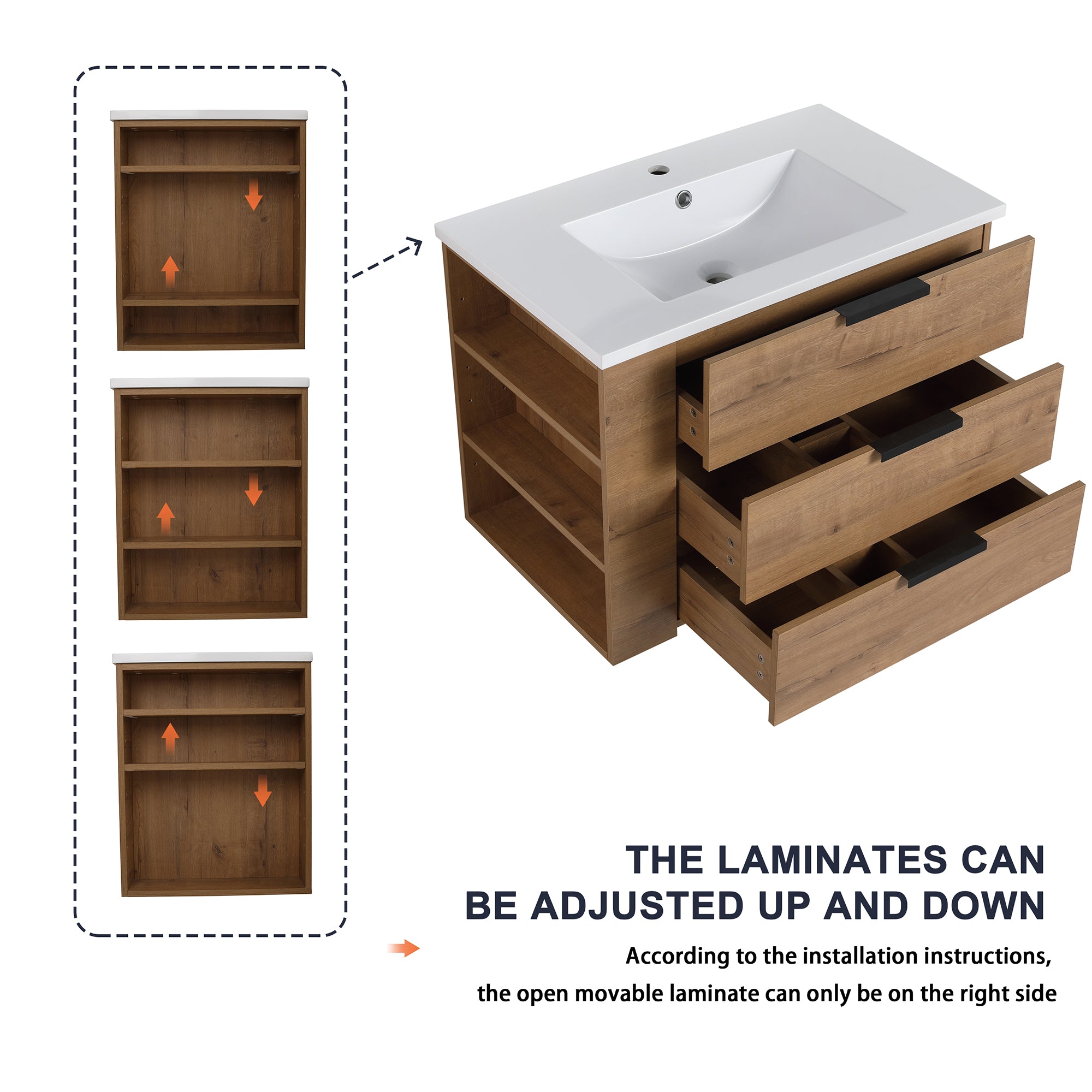 30 Inch Wall Mounting Bathroom Vanity with Cultured Marble Sink with Soft Close Drawer and Side Shelf