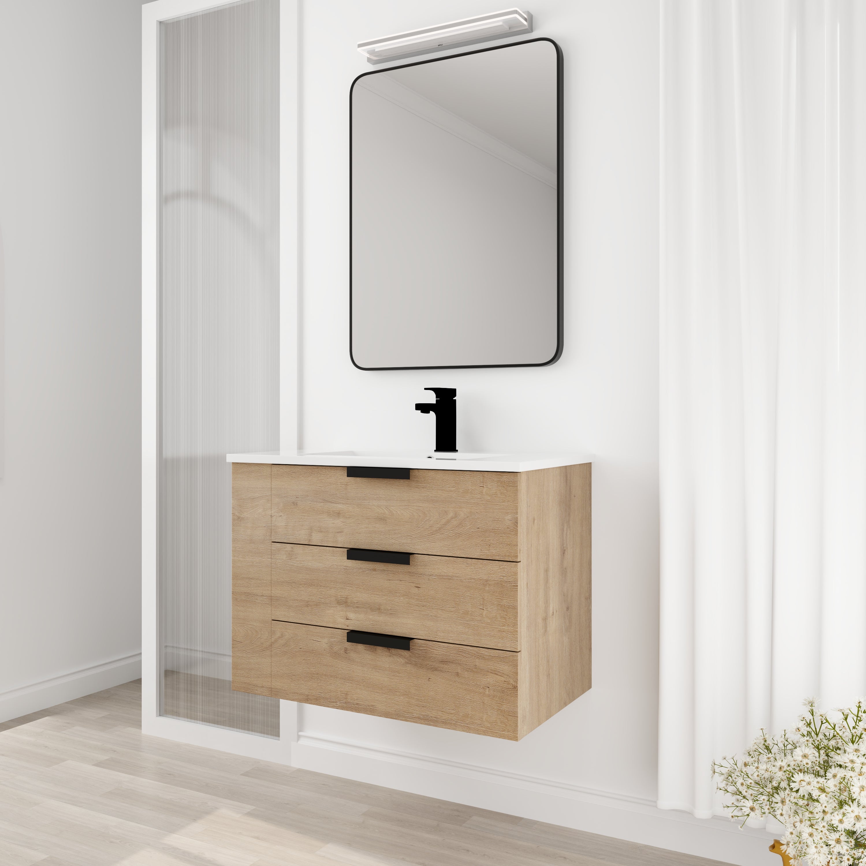 30 Inch Wall Mounting Bathroom Vanity with Cultured Marble Sink with Soft Close Drawer and Side Shelf