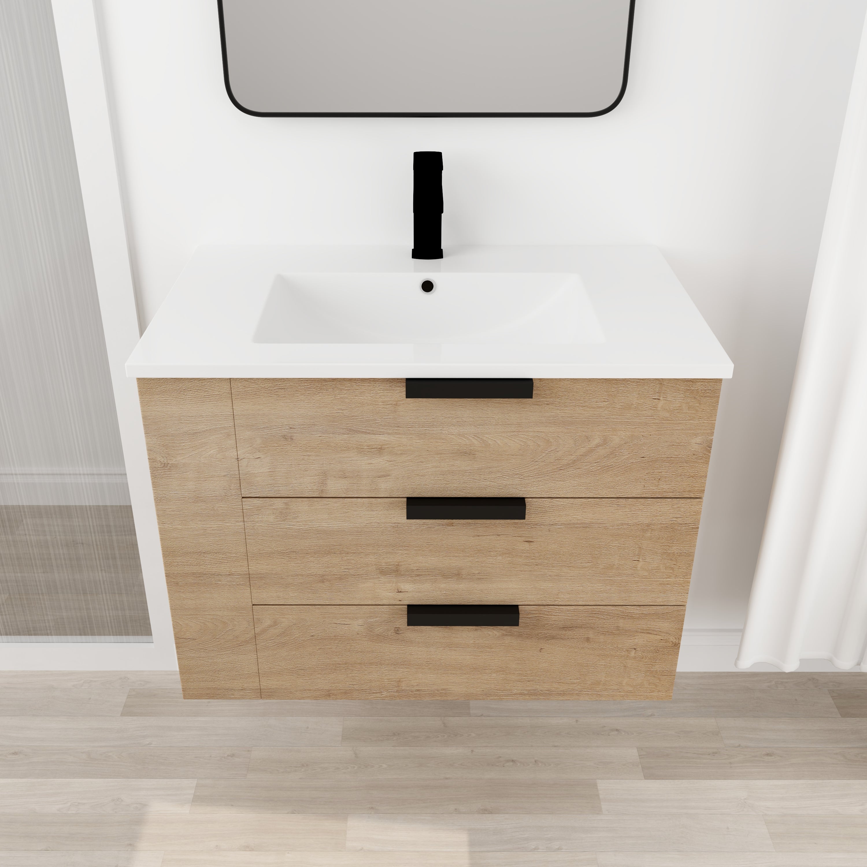 30 Inch Wall Mounting Bathroom Vanity with Cultured Marble Sink with Soft Close Drawer and Side Shelf