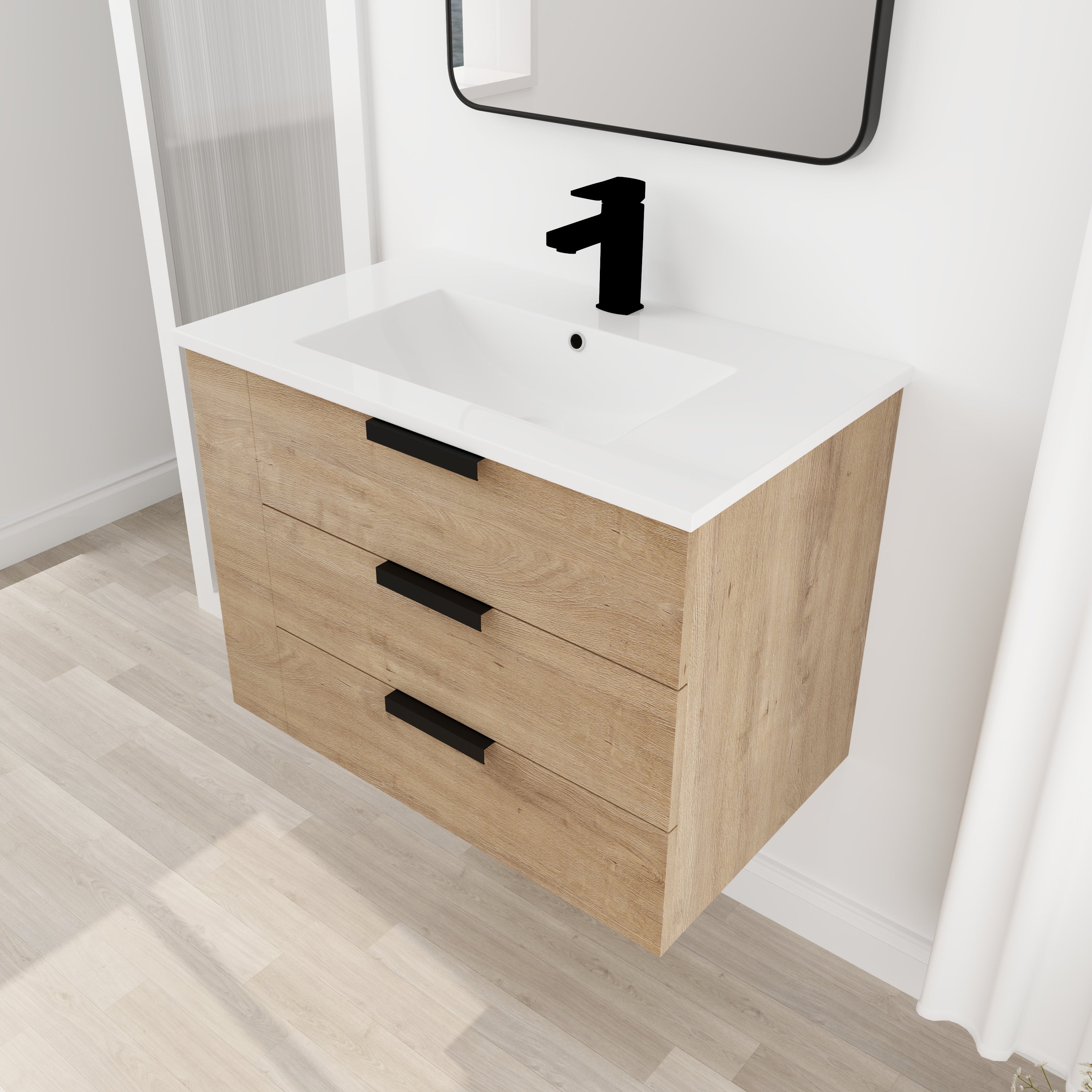 30 Inch Wall Mounting Bathroom Vanity with Cultured Marble Sink with Soft Close Drawer and Side Shelf