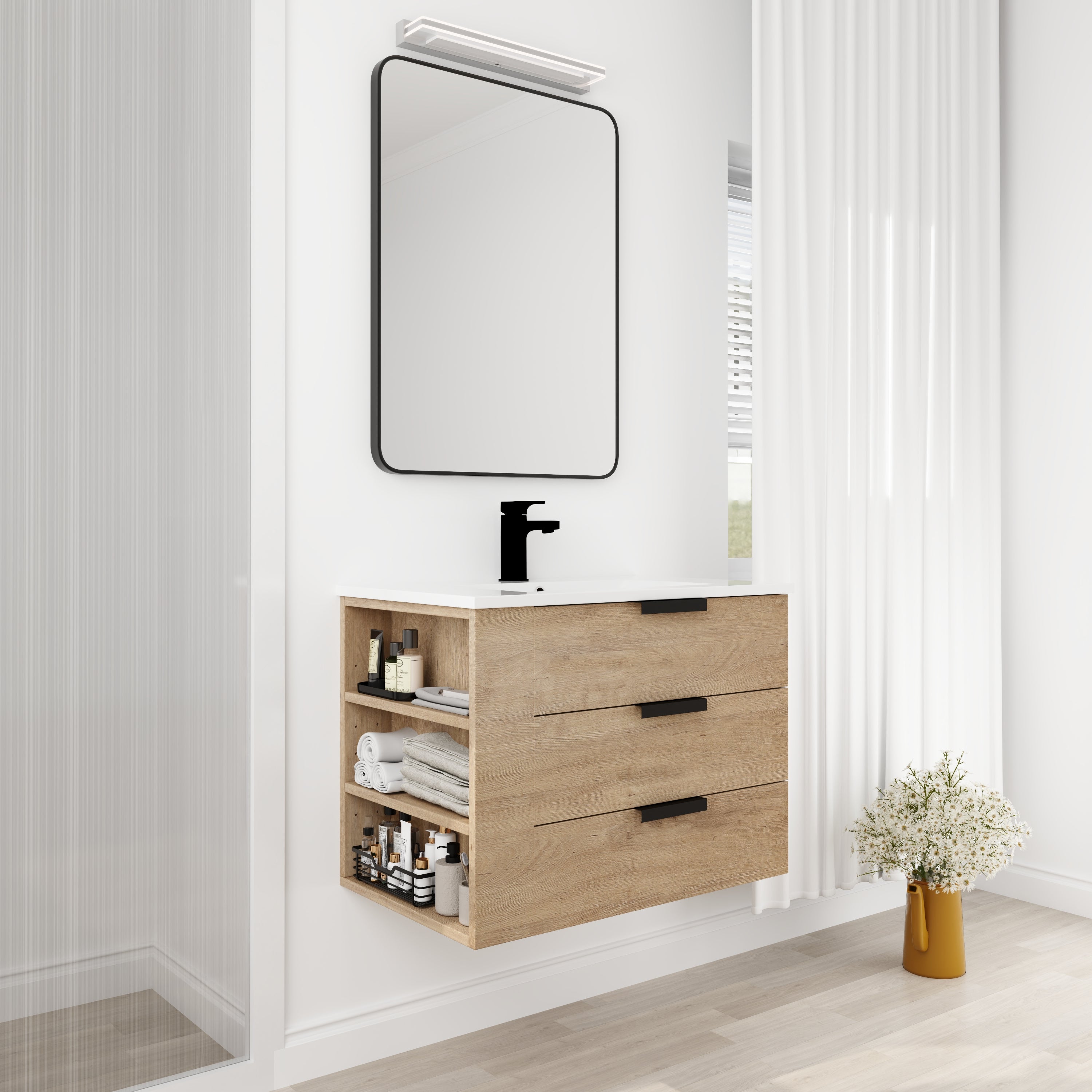 30 Inch Wall Mounting Bathroom Vanity with Cultured Marble Sink with Soft Close Drawer and Side Shelf