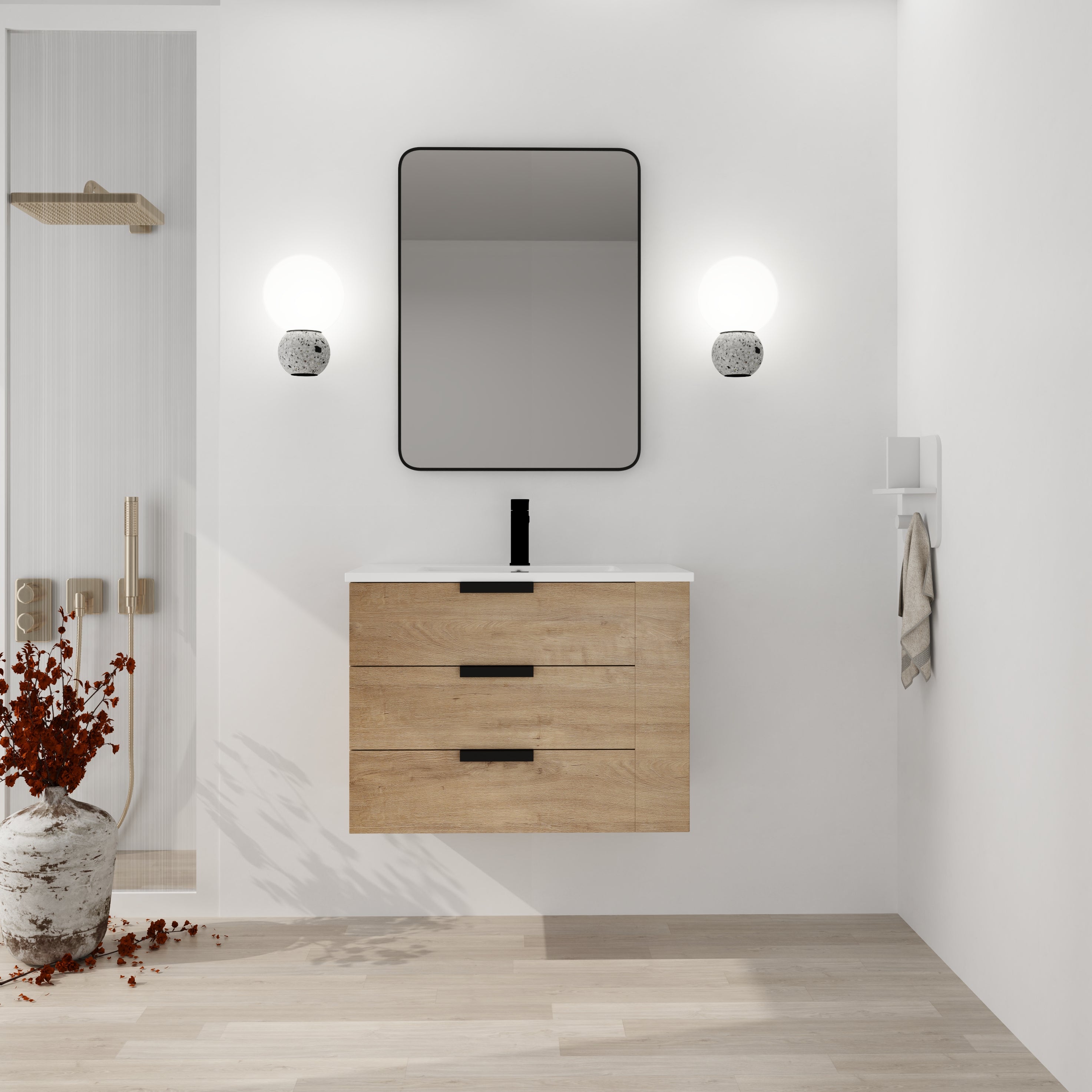 30 Inch Wall Mounting Bathroom Vanity with Cultured Marble Sink with Soft Close Drawer and Side Shelf