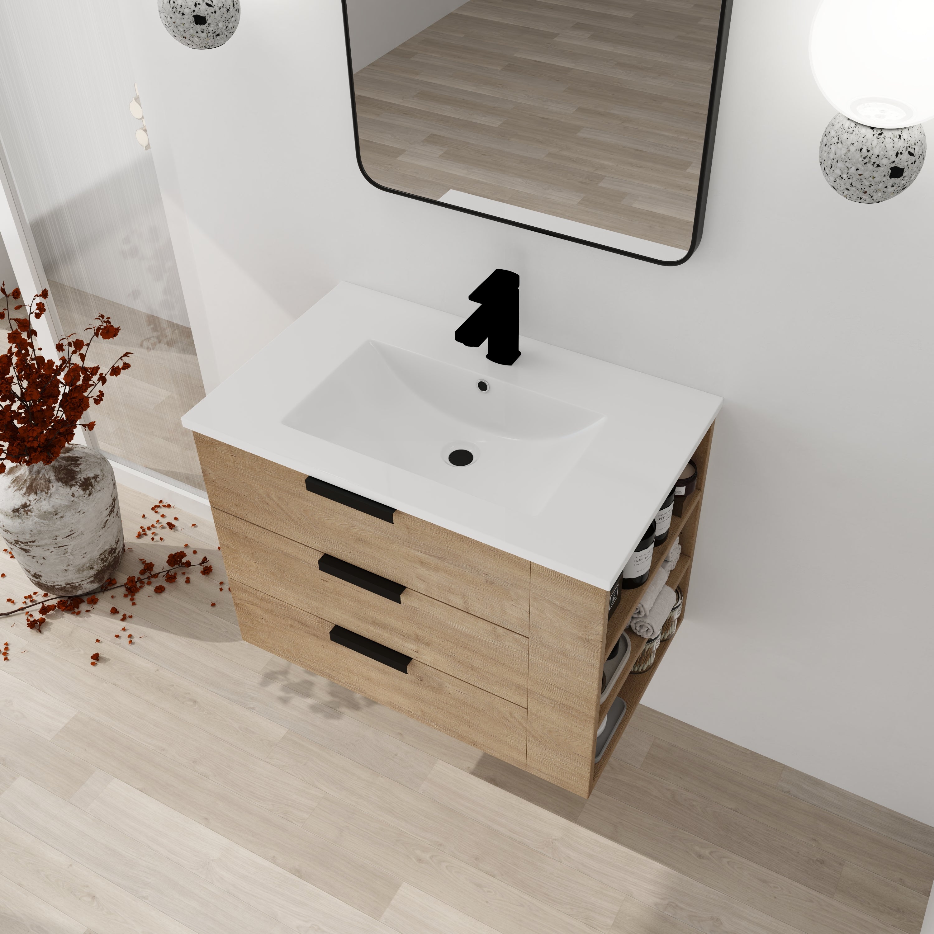 30 Inch Wall Mounting Bathroom Vanity with Cultured Marble Sink with Soft Close Drawer and Side Shelf