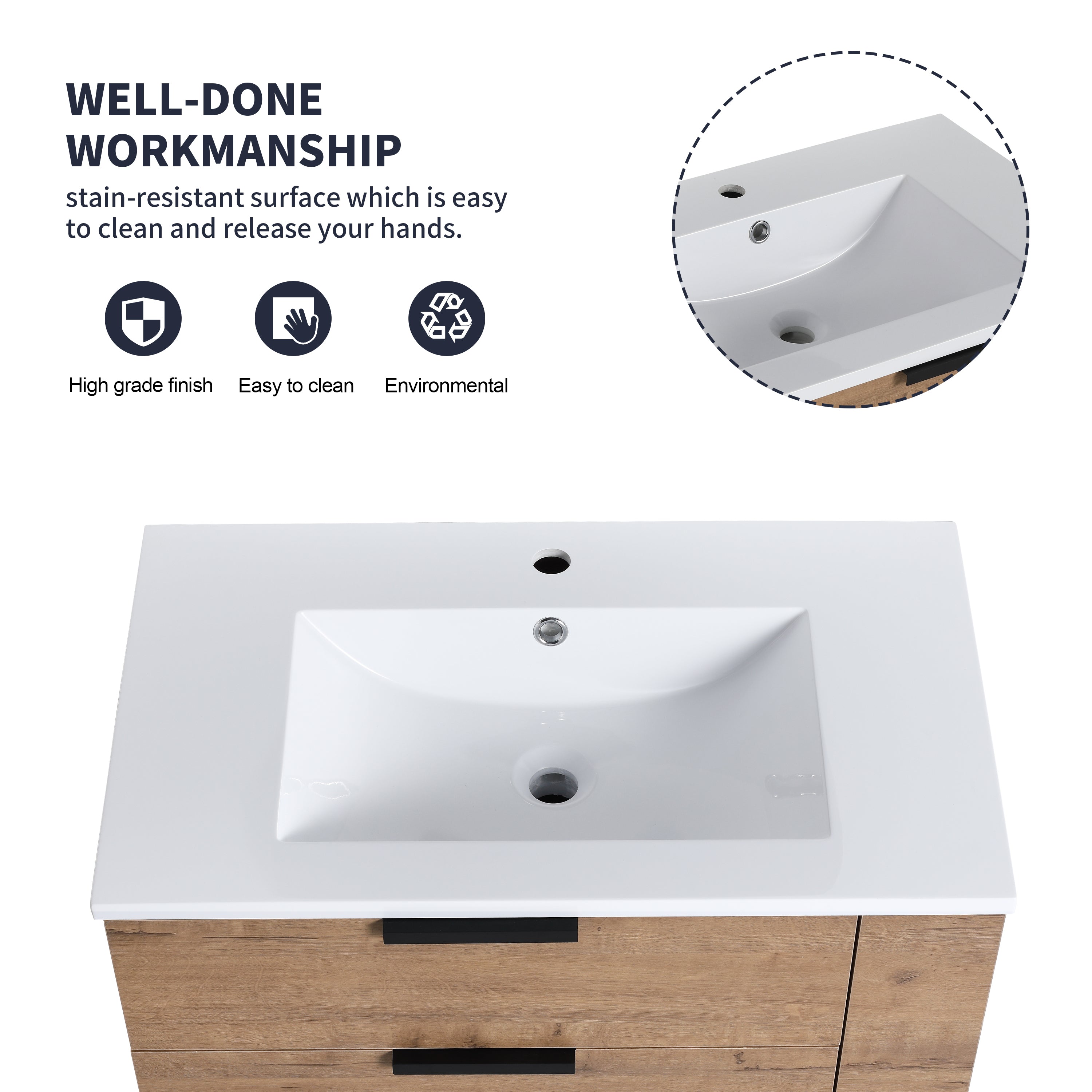 30 Inch Wall Mounting Bathroom Vanity with Cultured Marble Sink with Soft Close Drawer and Side Shelf