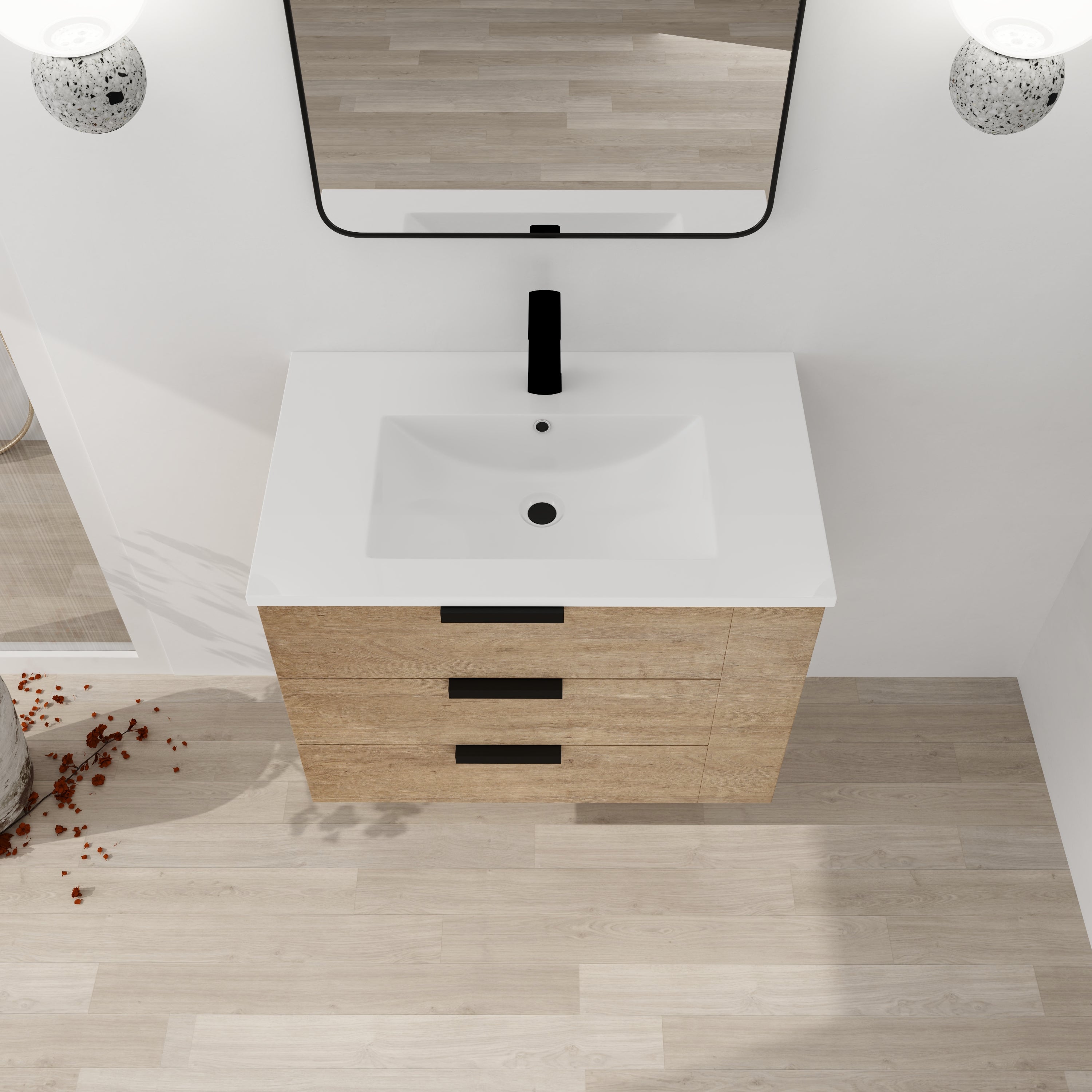 30 Inch Wall Mounting Bathroom Vanity with Cultured Marble Sink with Soft Close Drawer and Side Shelf