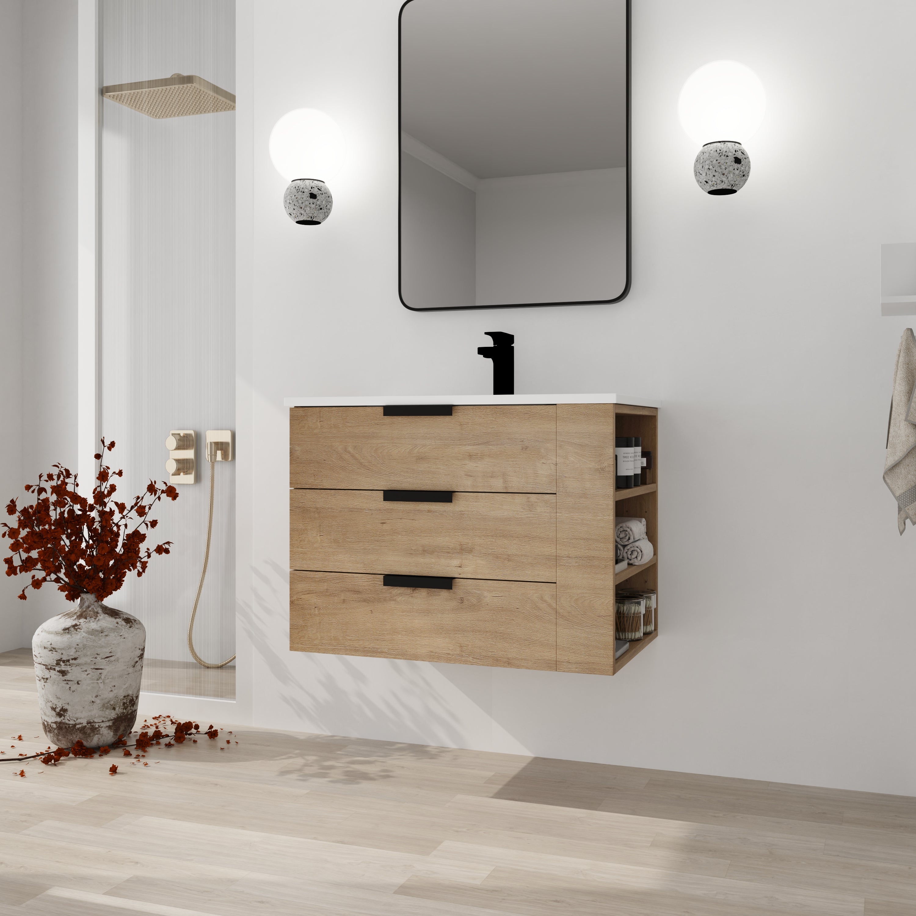 30 Inch Wall Mounting Bathroom Vanity with Cultured Marble Sink with Soft Close Drawer and Side Shelf