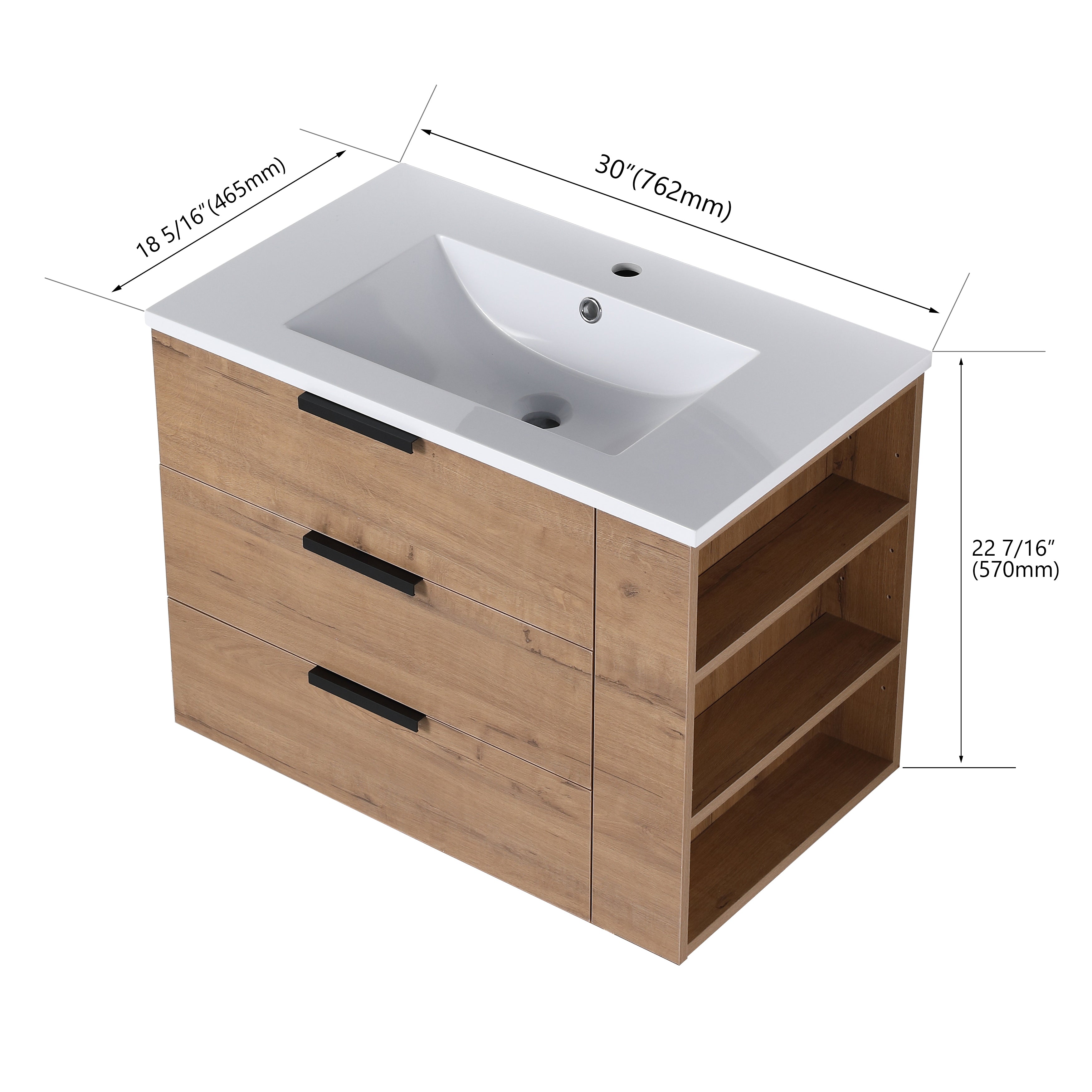30 Inch Wall Mounting Bathroom Vanity with Cultured Marble Sink with Soft Close Drawer and Side Shelf