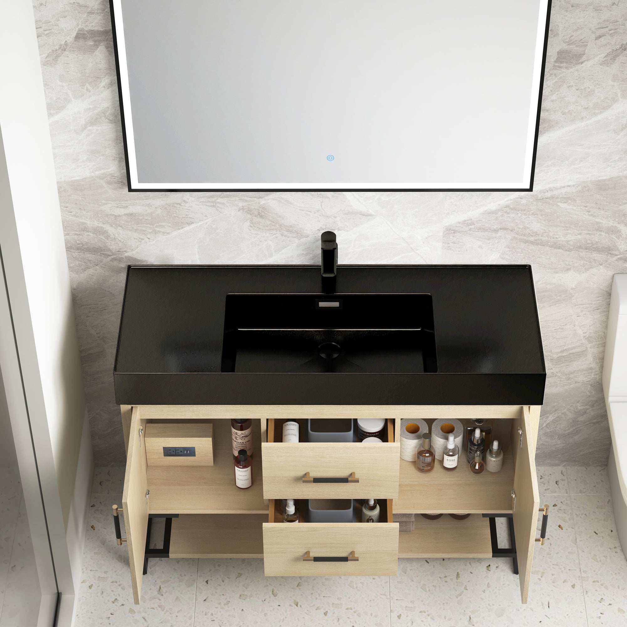 48 Inch Bathroom Vanity Freestanding Design With Cultured Marble Sink with 2 Drawers and Doors