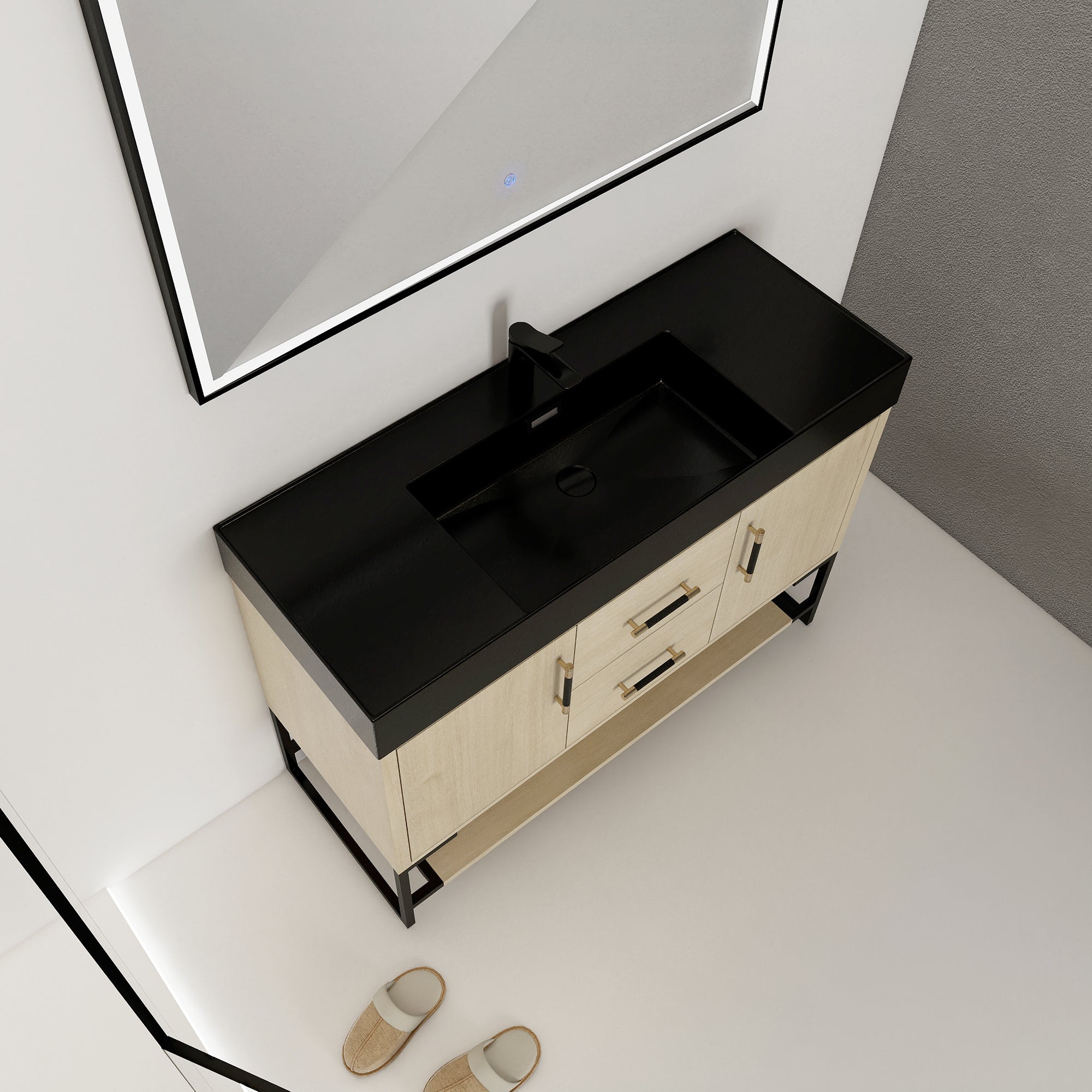 48 Inch Bathroom Vanity Freestanding Design With Cultured Marble Sink with 2 Drawers and Doors