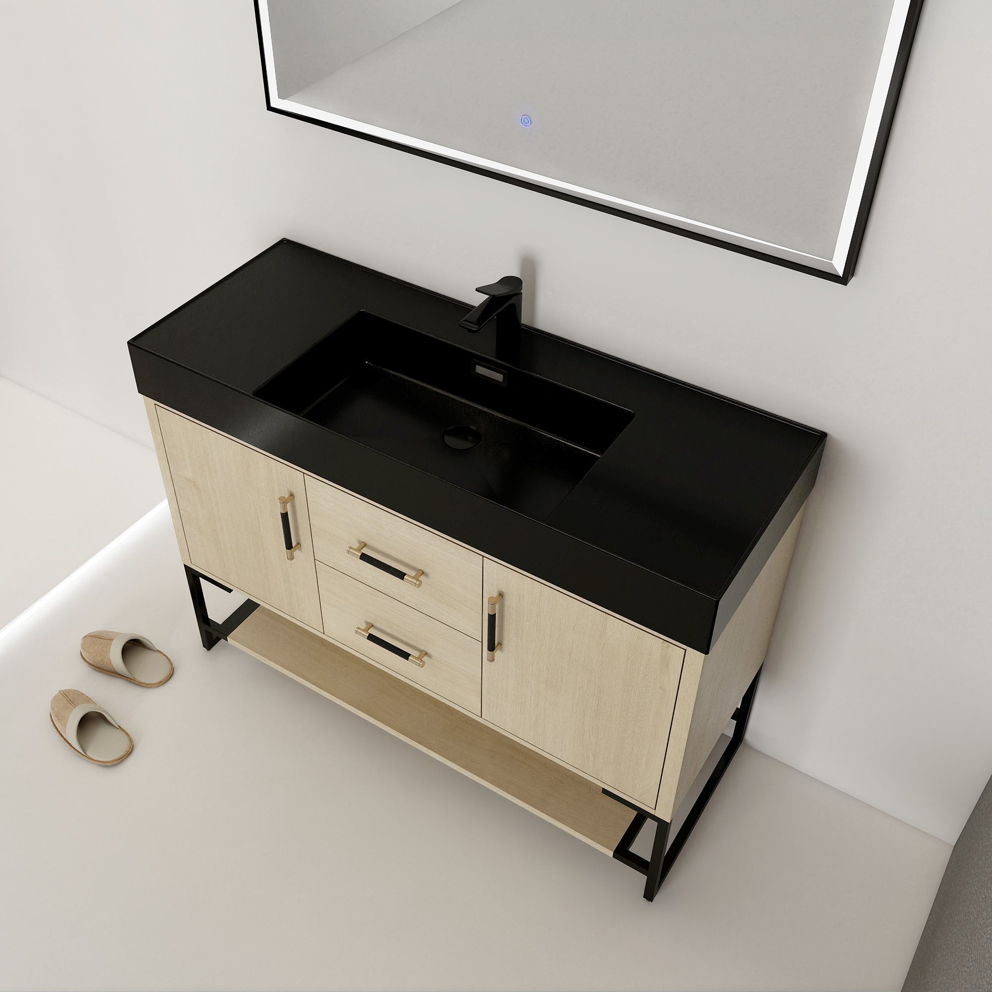 48 Inch Bathroom Vanity Freestanding Design With Cultured Marble Sink with 2 Drawers and Doors