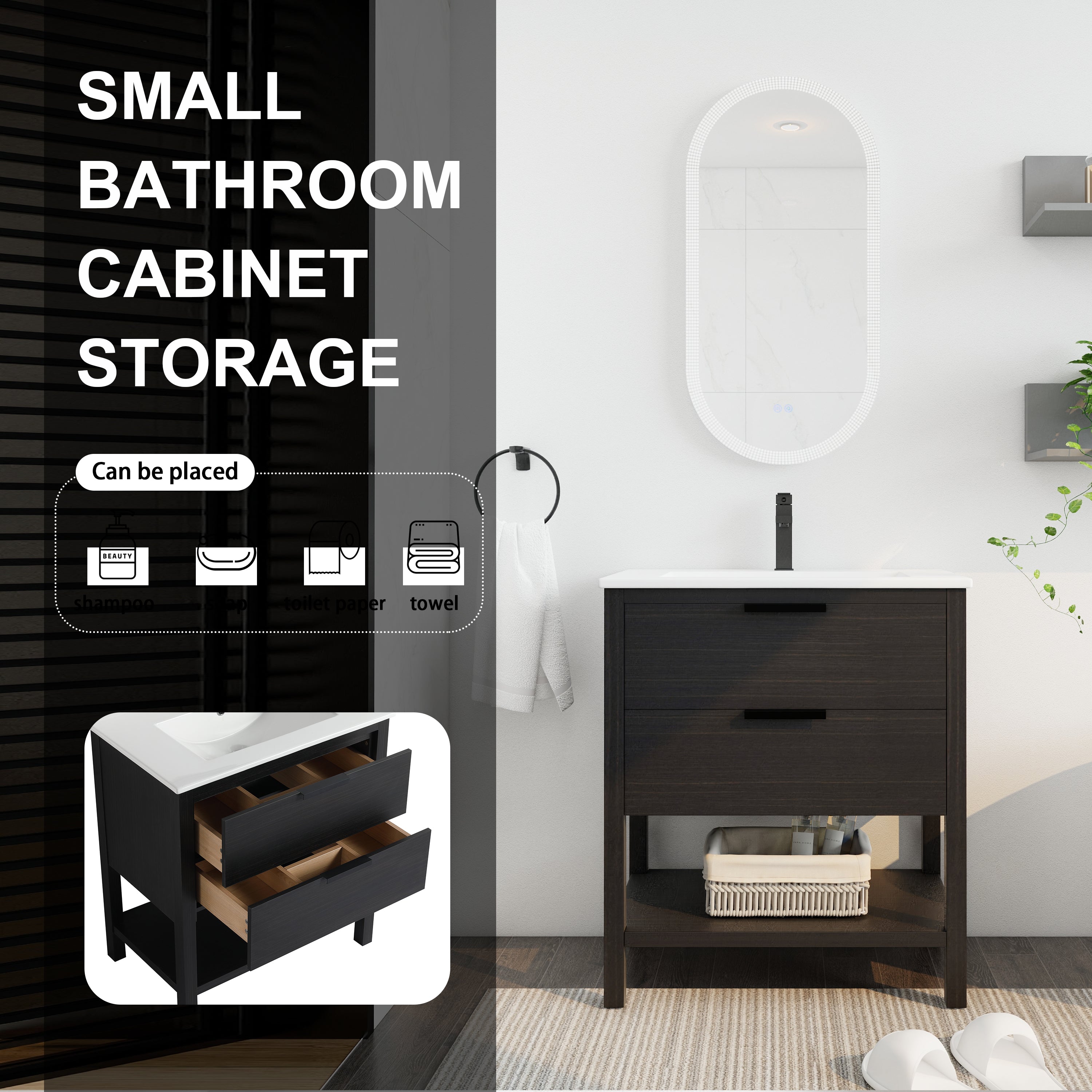 30 Inch Freestanding Bathroom Vanity Plywood With 2 Drawers with Ceramic Sink