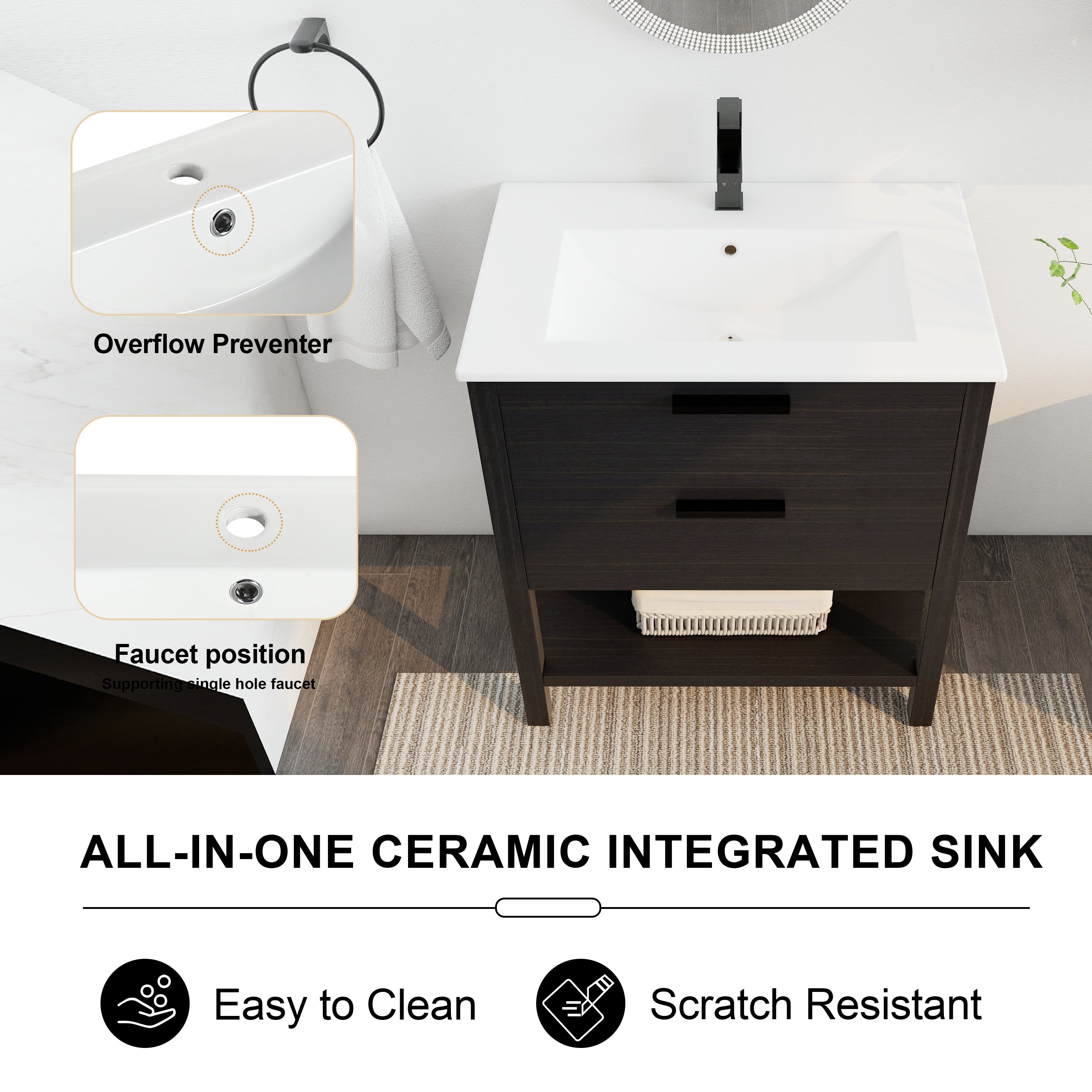 30 Inch Freestanding Bathroom Vanity Plywood With 2 Drawers with Ceramic Sink