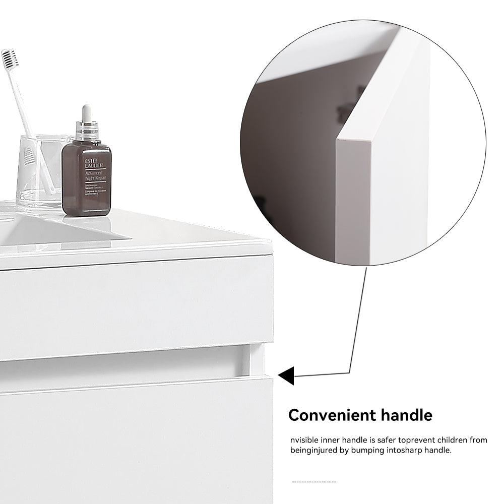 Wall Mounted Bathroom Vanity in White with Soft Close Doors with White Ceramic Basin