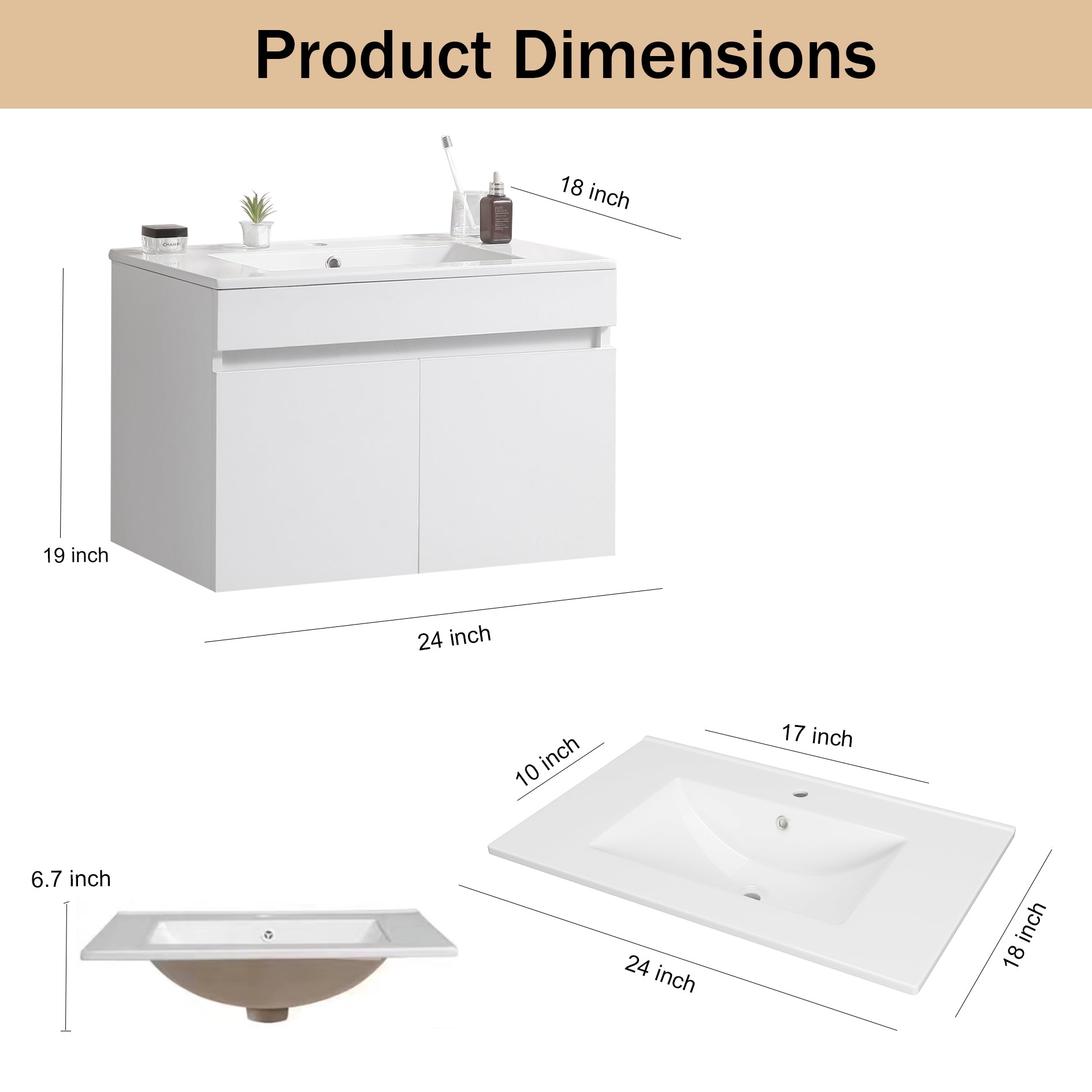 Wall Mounted Bathroom Vanity in White with Soft Close Doors with White Ceramic Basin