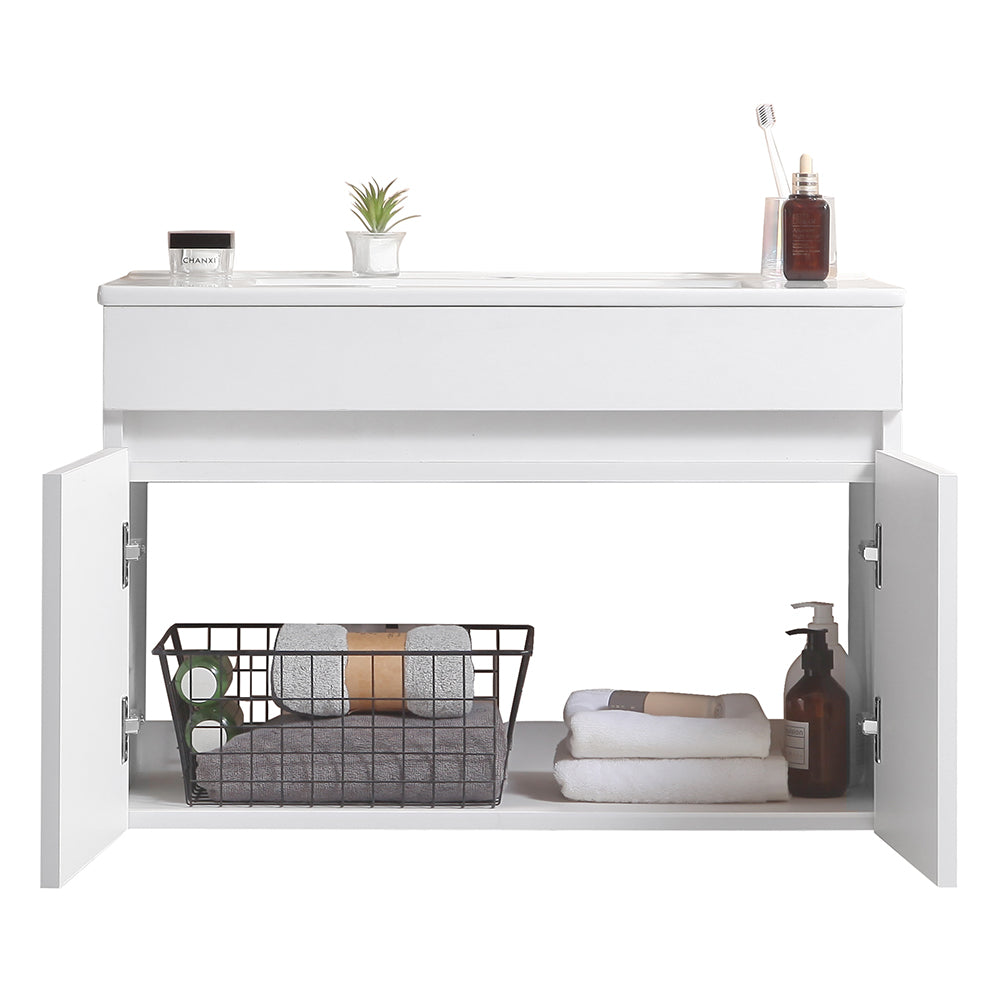 Wall Mounted Bathroom Vanity in White with Soft Close Doors with White Ceramic Basin