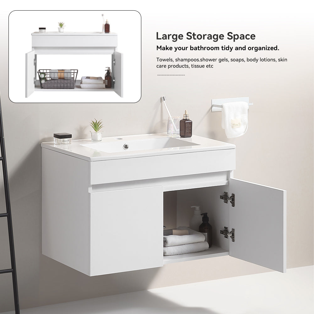 Wall Mounted Bathroom Vanity in White with Soft Close Doors with White Ceramic Basin