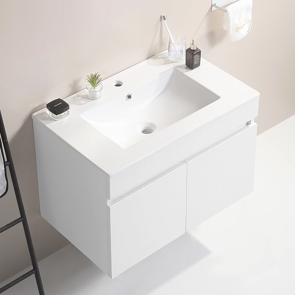 Wall Mounted Bathroom Vanity in White with Soft Close Doors with White Ceramic Basin