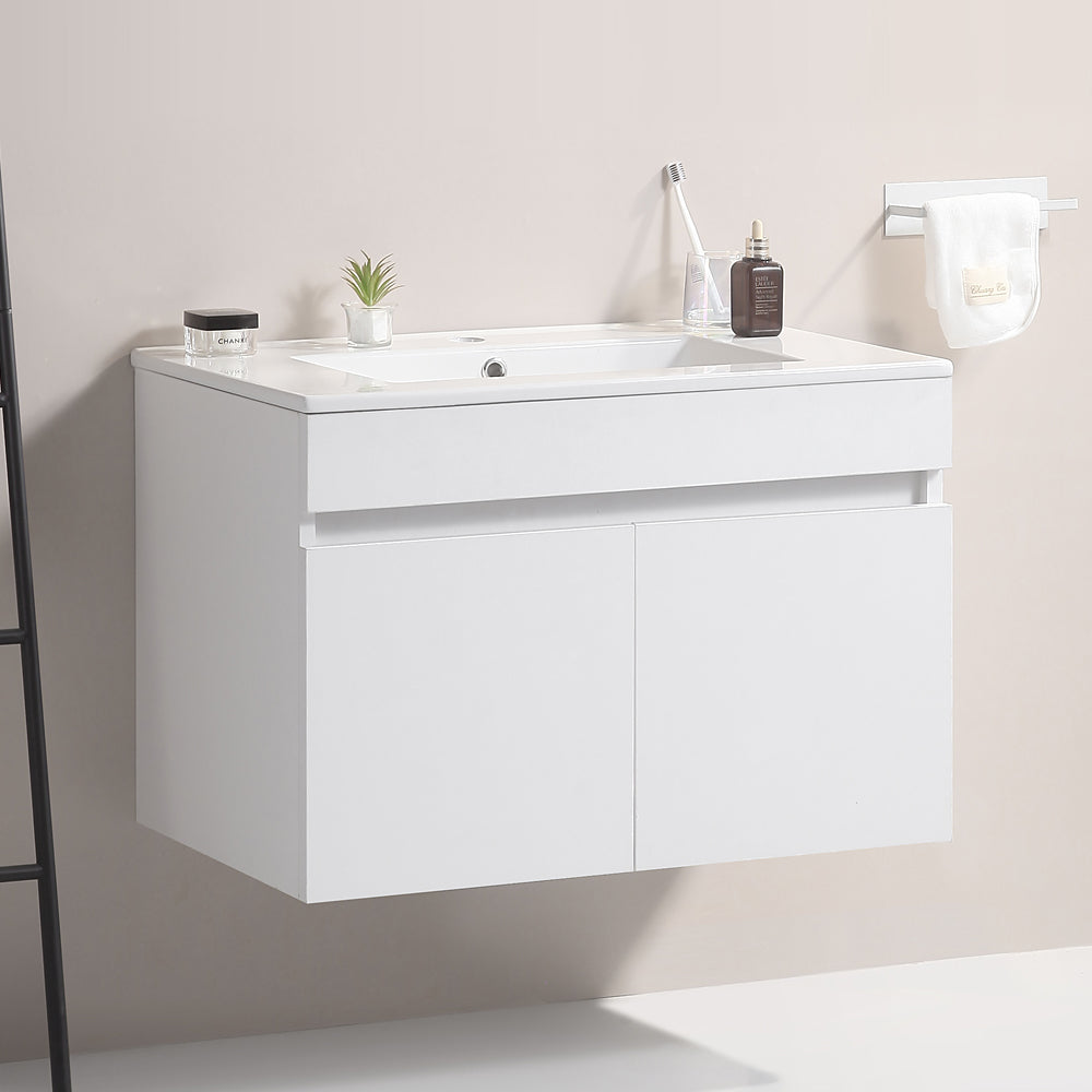 Wall Mounted Bathroom Vanity in White with Soft Close Doors with White Ceramic Basin