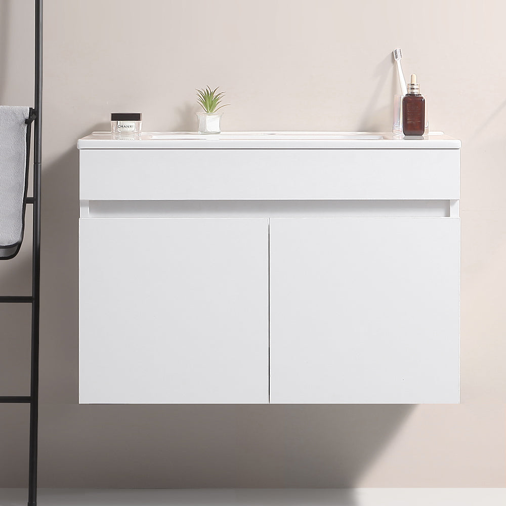 Wall Mounted Bathroom Vanity in White with Soft Close Doors with White Ceramic Basin