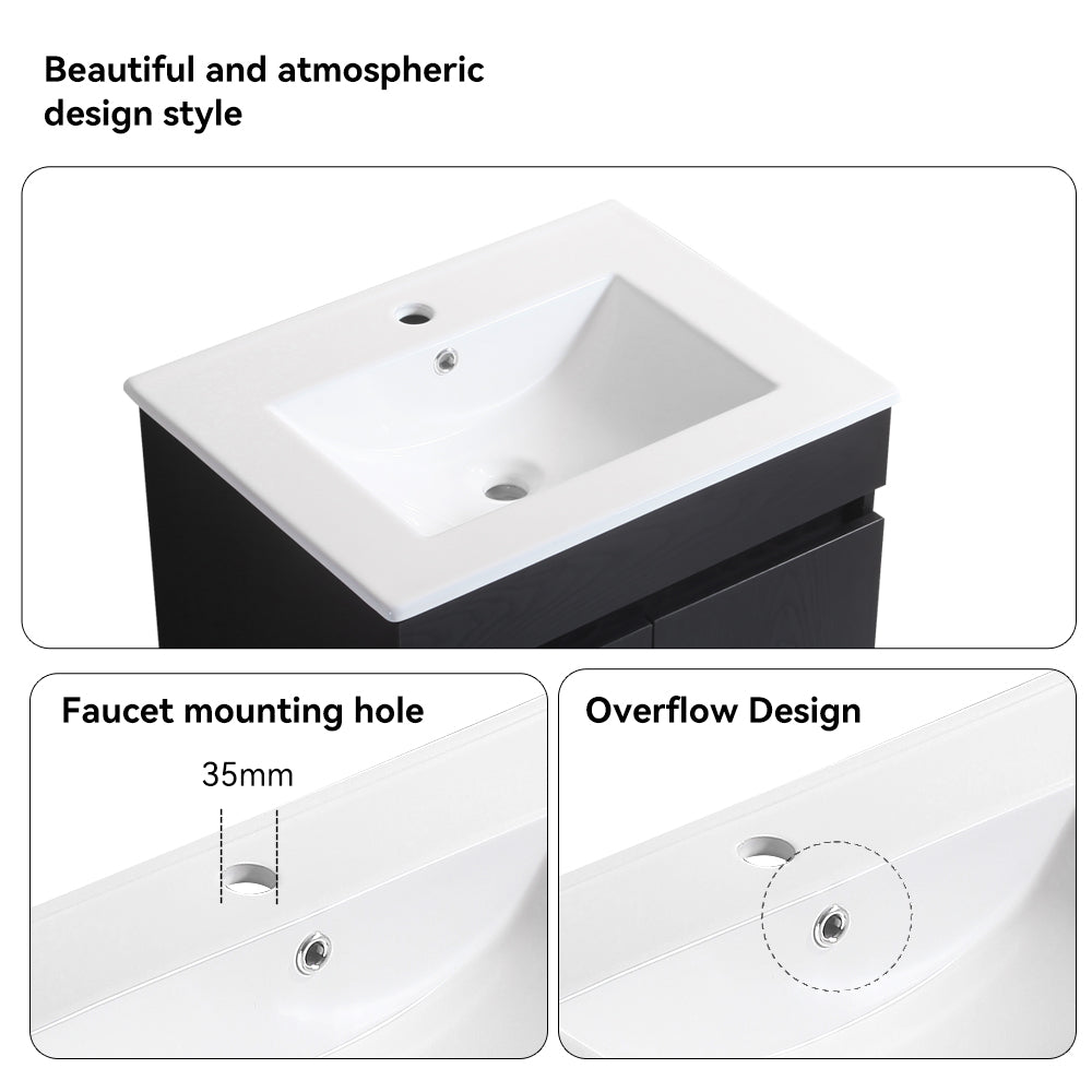 Wall Mounted Bathroom Vanity in black with Soft Close Doors with White Ceramic Basin