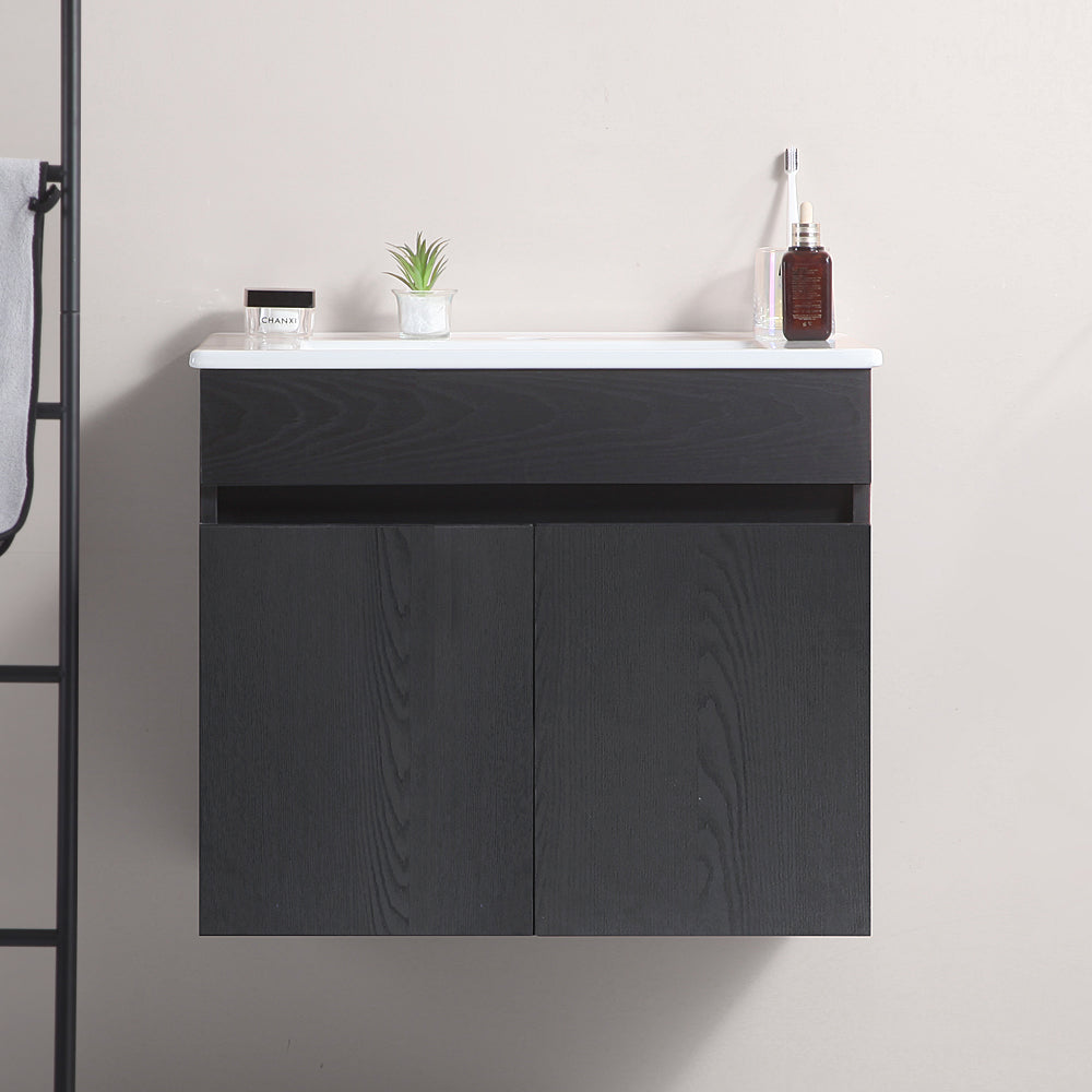 Wall Mounted Bathroom Vanity in black with Soft Close Doors with White Ceramic Basin