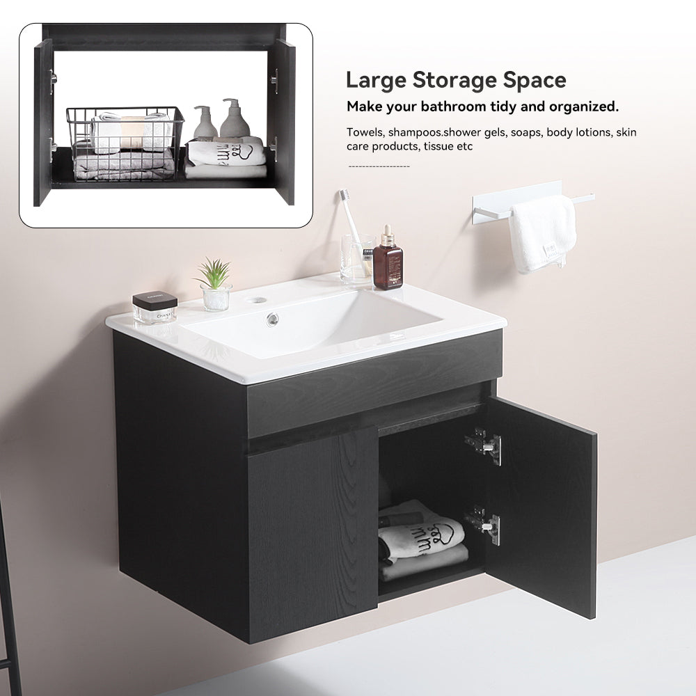 Wall Mounted Bathroom Vanity in black with Soft Close Doors with White Ceramic Basin