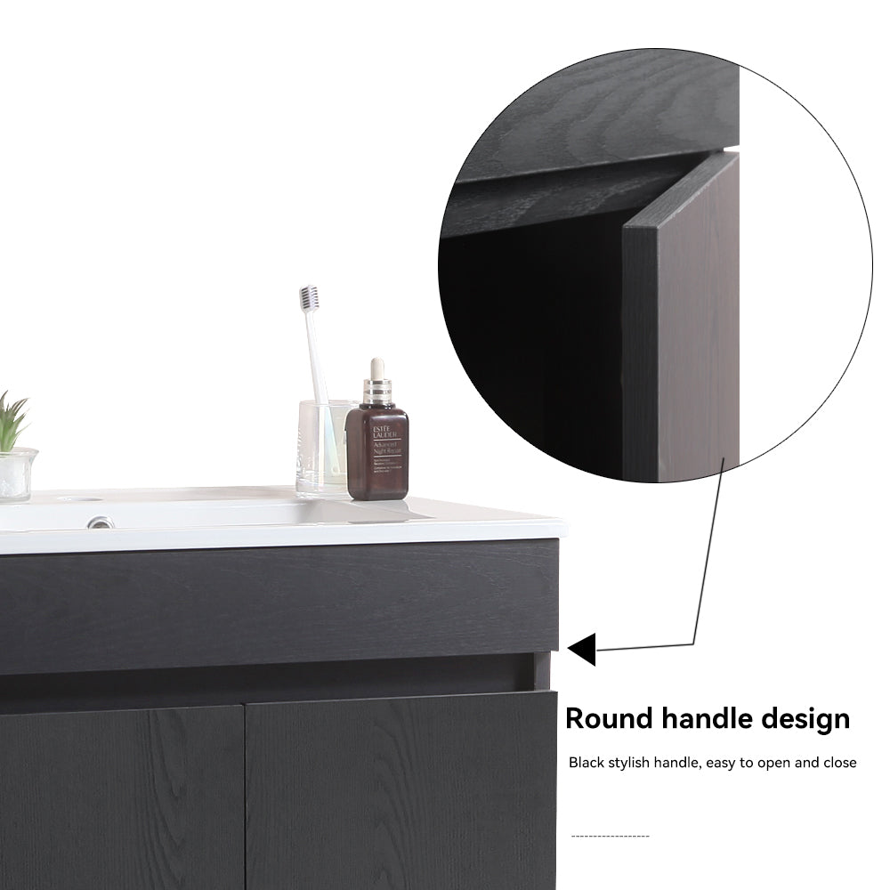 Wall Mounted Bathroom Vanity in black with Soft Close Doors with White Ceramic Basin