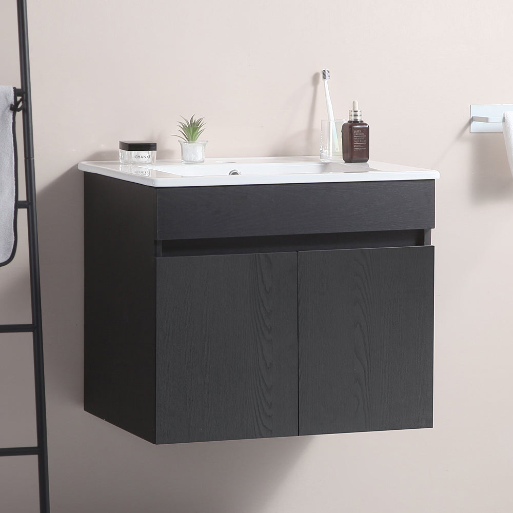 Wall Mounted Bathroom Vanity in black with Soft Close Doors with White Ceramic Basin