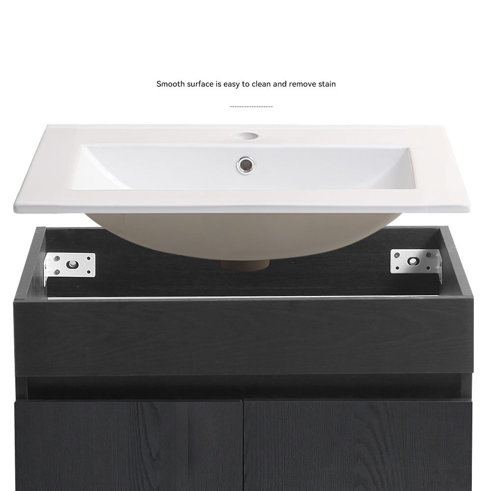 Wall Mounted Bathroom Vanity in black with Soft Close Doors with White Ceramic Basin