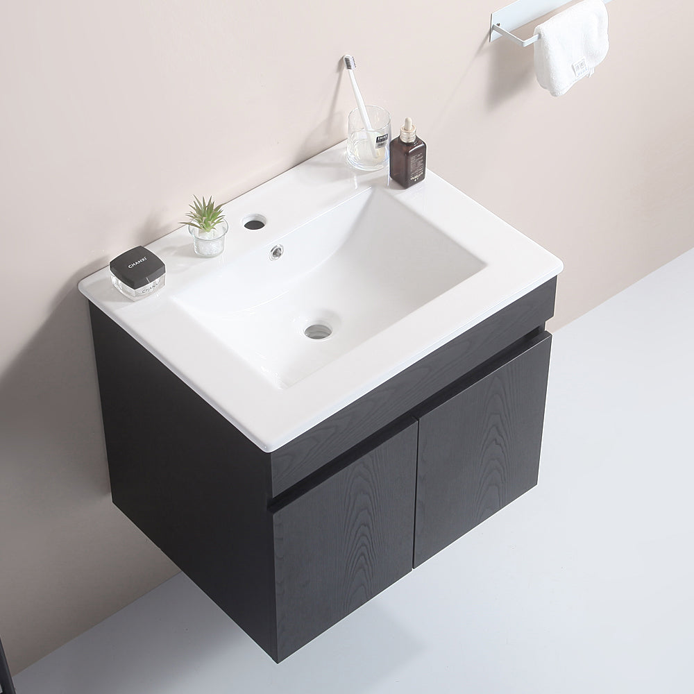 Wall Mounted Bathroom Vanity in black with Soft Close Doors with White Ceramic Basin