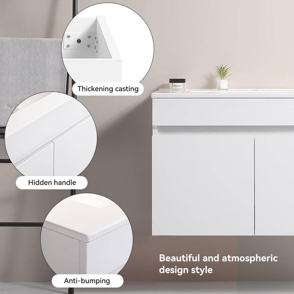 Wall Mounted Bathroom Vanity in White with Soft Close Doors with White Ceramic Basin