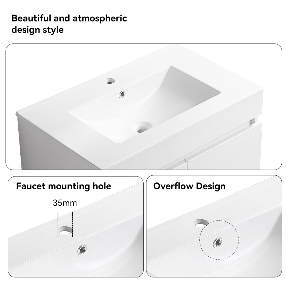 Wall Mounted Bathroom Vanity in White with Soft Close Doors with White Ceramic Basin