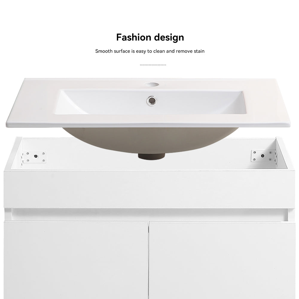 Wall Mounted Bathroom Vanity in White with Soft Close Doors with White Ceramic Basin