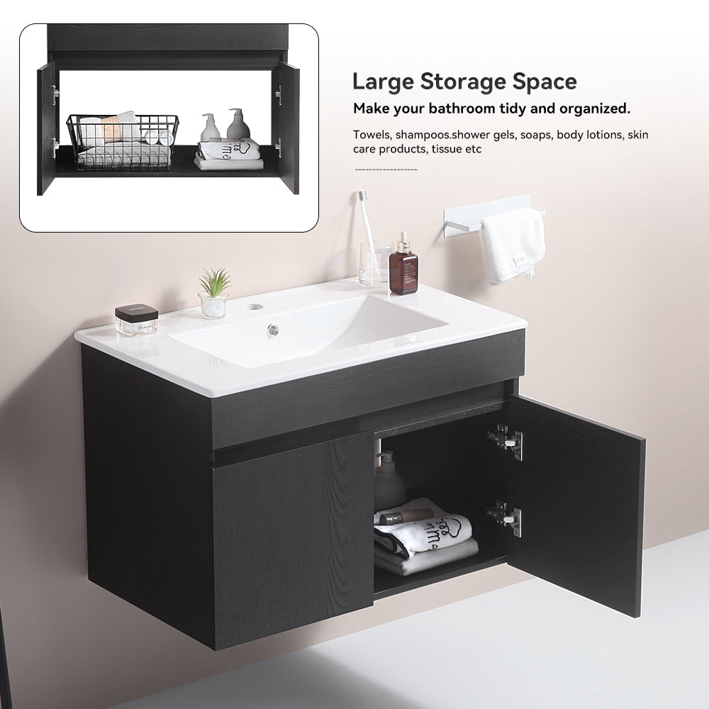 Wall Mounted Bathroom Vanity in black with Soft Close Doors with White Ceramic Basin