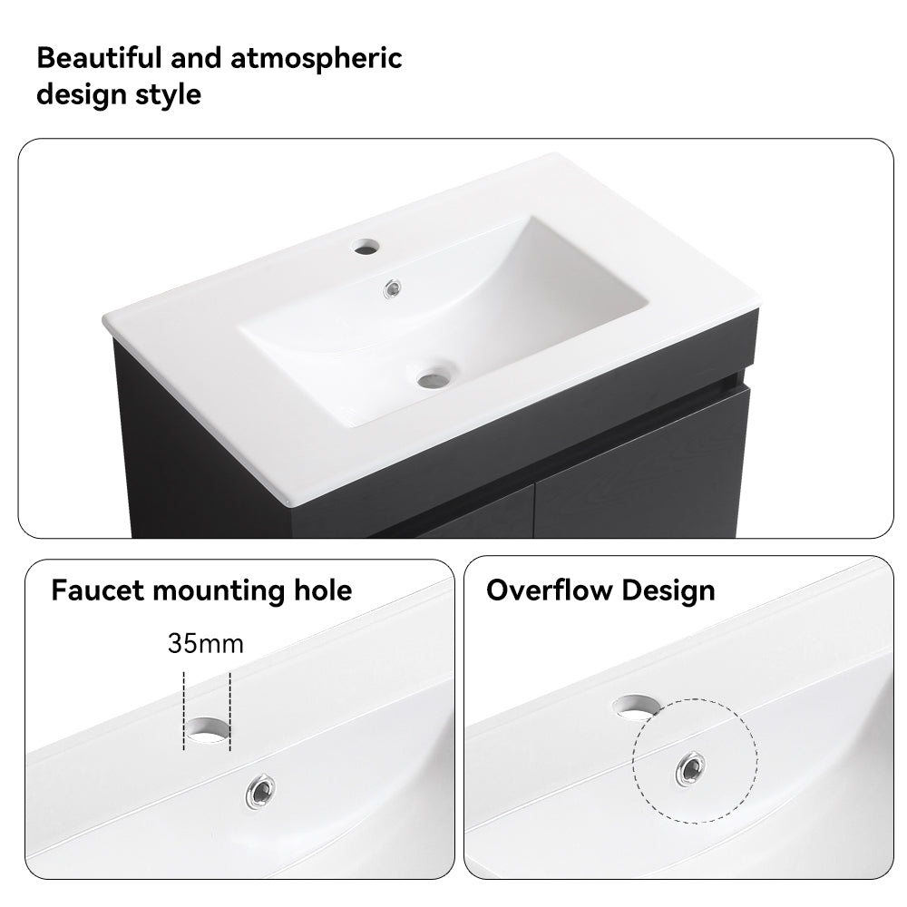 Wall Mounted Bathroom Vanity in black with Soft Close Doors with White Ceramic Basin