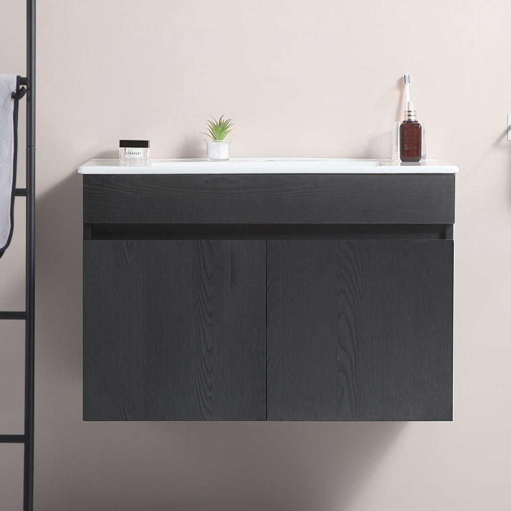 Wall Mounted Bathroom Vanity in black with Soft Close Doors with White Ceramic Basin