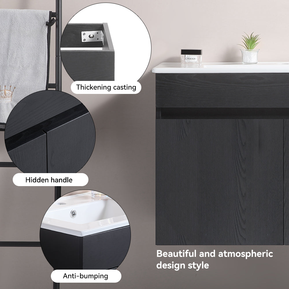 Wall Mounted Bathroom Vanity in black with Soft Close Doors with White Ceramic Basin