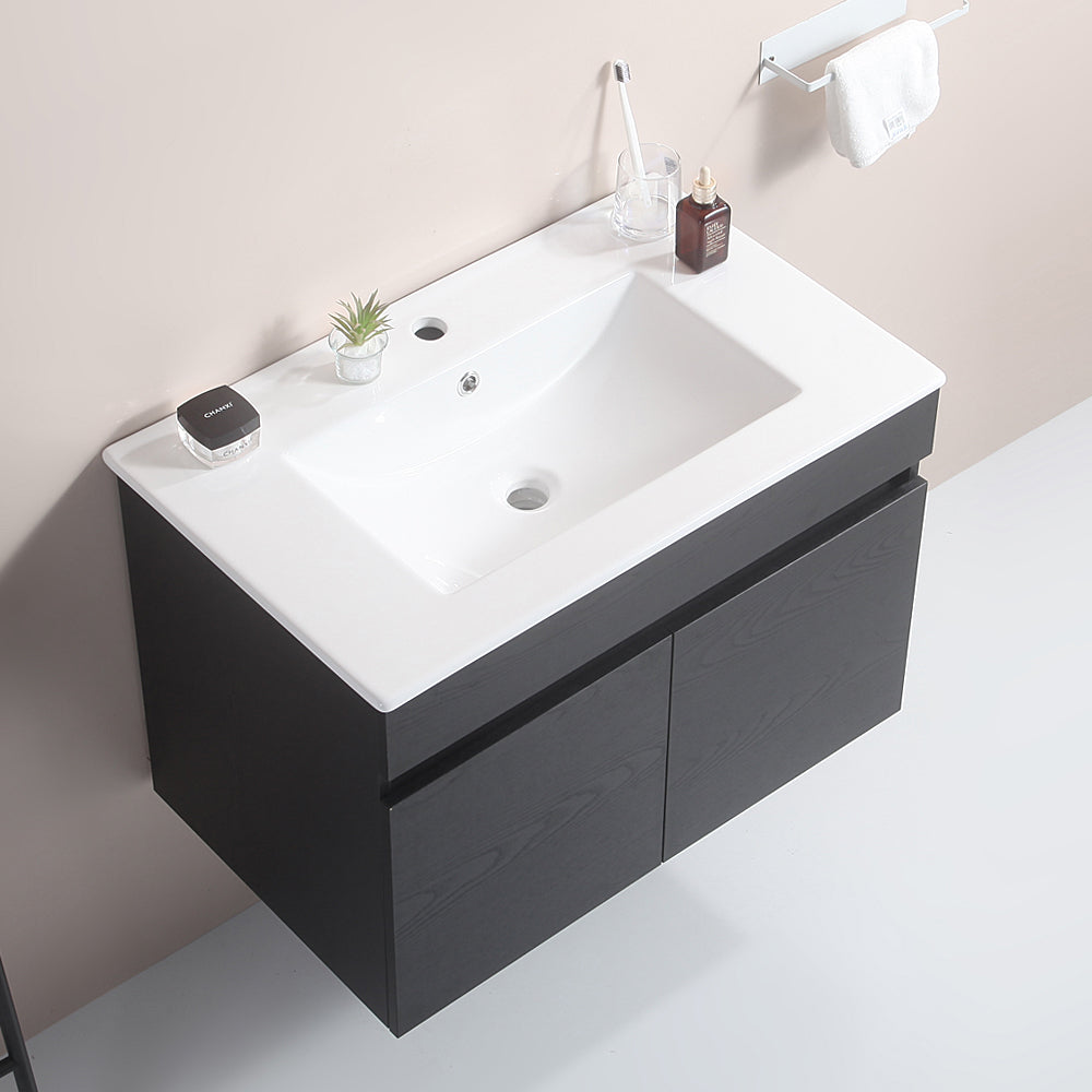 Wall Mounted Bathroom Vanity in black with Soft Close Doors with White Ceramic Basin