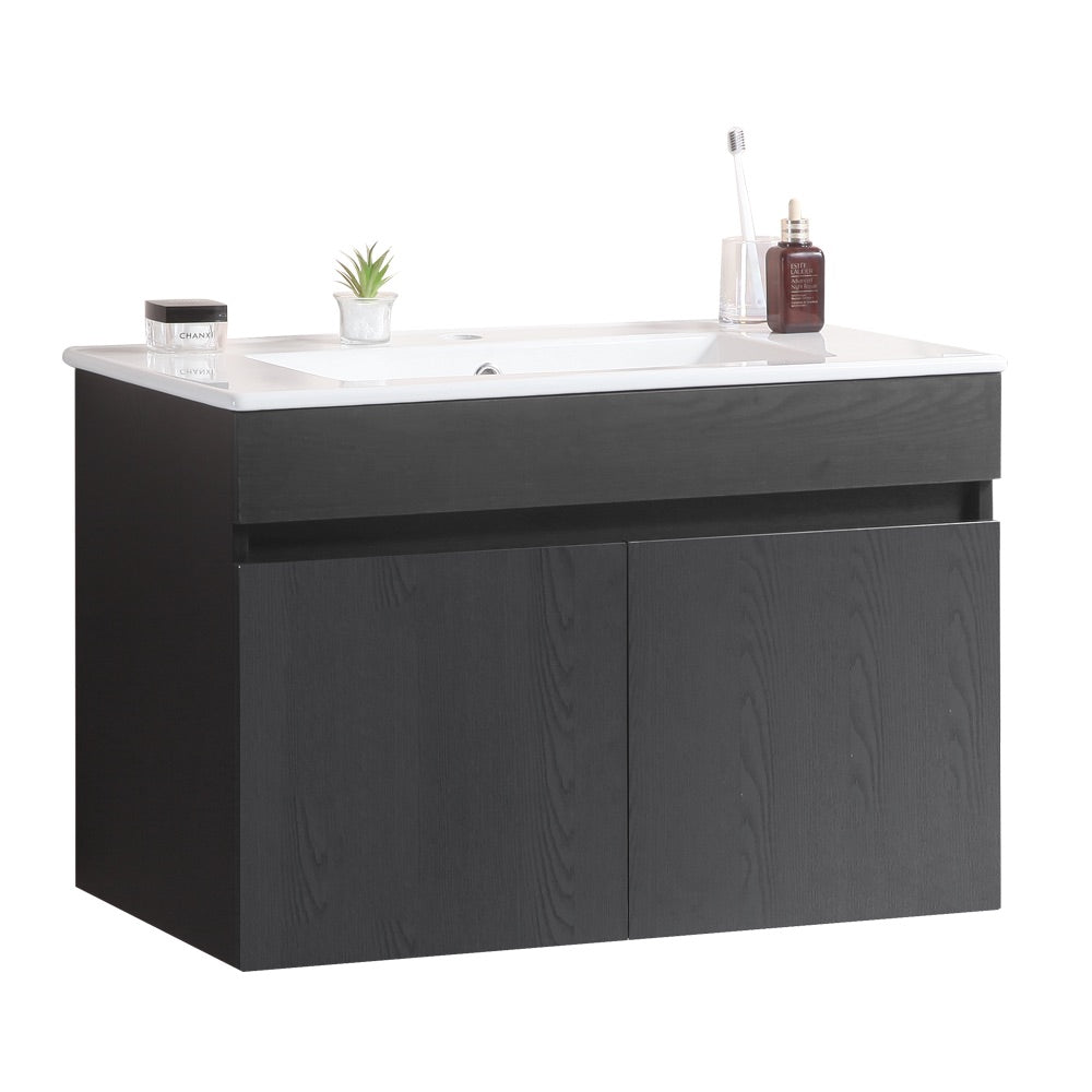 Wall Mounted Bathroom Vanity in black with Soft Close Doors with White Ceramic Basin