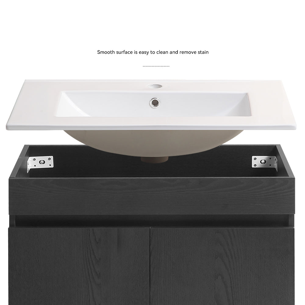 Wall Mounted Bathroom Vanity in black with Soft Close Doors with White Ceramic Basin