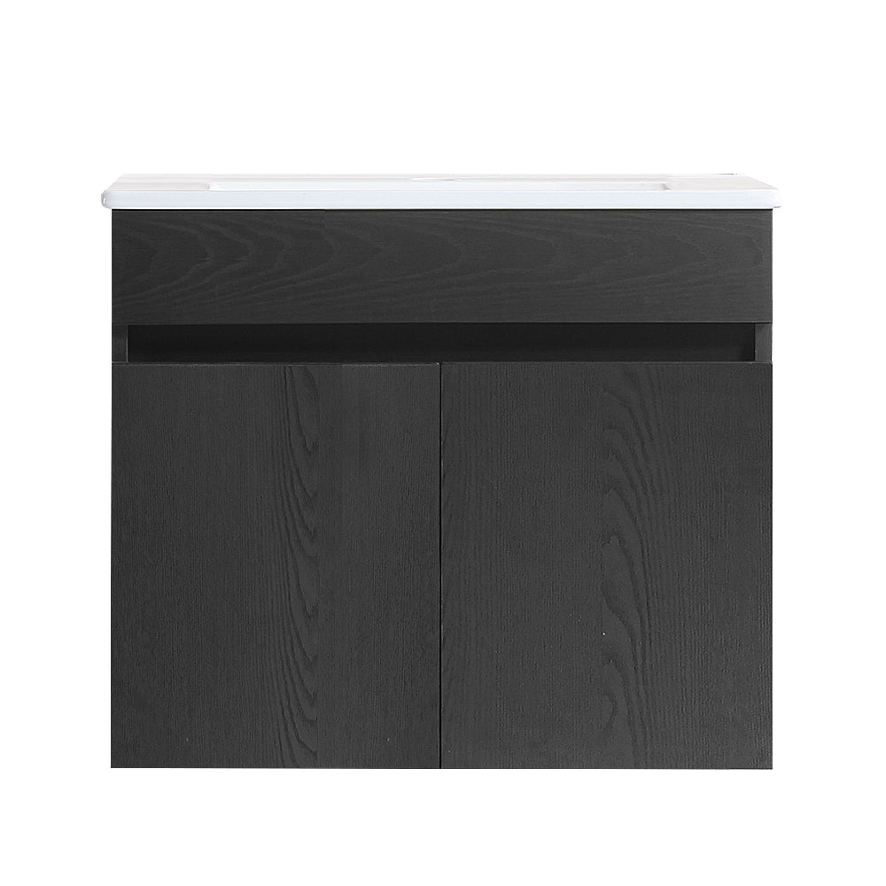 Wall Mounted Bathroom Vanity in black with Soft Close Doors with White Ceramic Basin