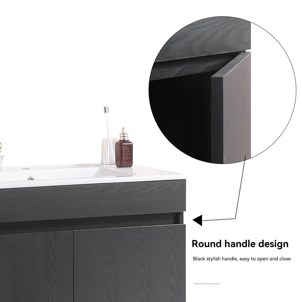 Wall Mounted Bathroom Vanity in black with Soft Close Doors with White Ceramic Basin