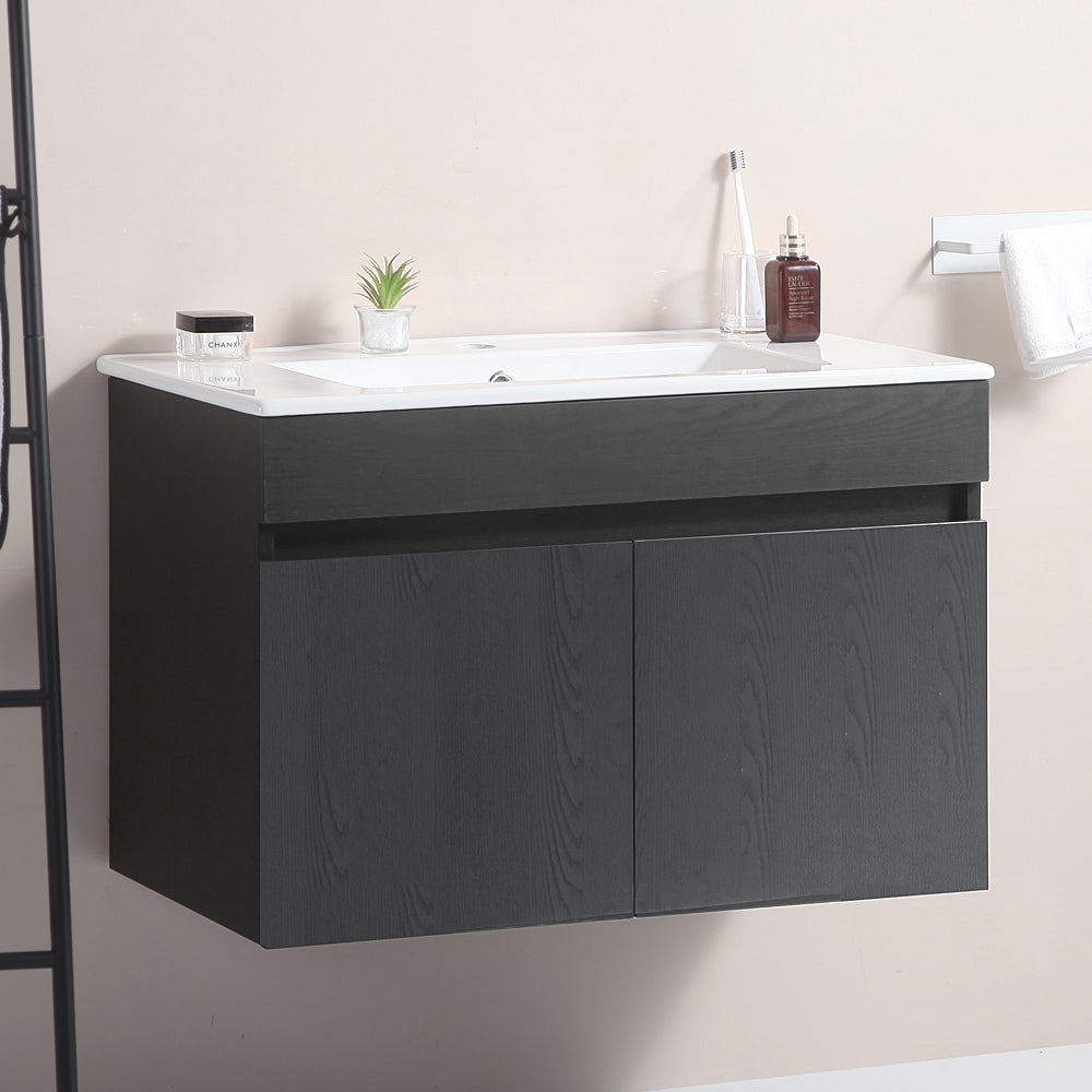 Wall Mounted Bathroom Vanity in black with Soft Close Doors with White Ceramic Basin