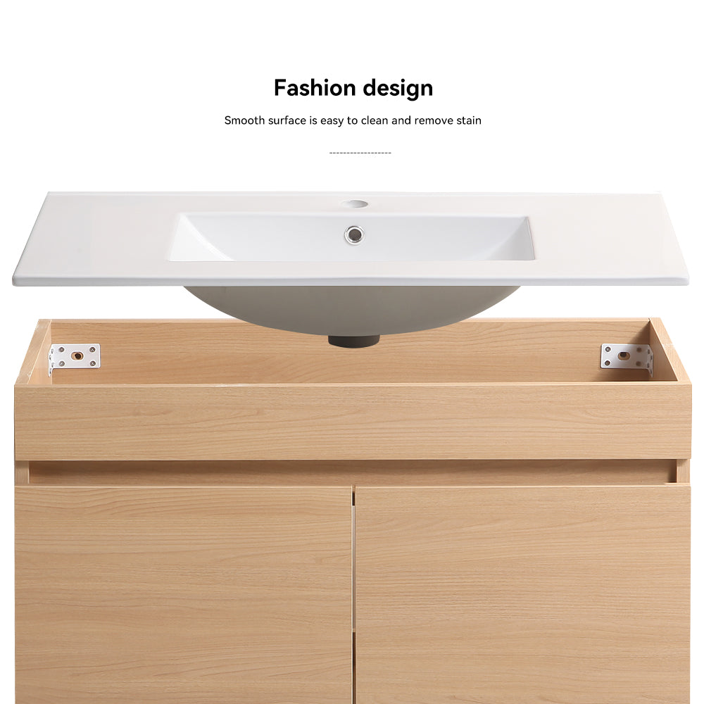 Wall Mounted Bathroom Vanity with Two Soft Close Cabinet Doors with White Ceramic Basin