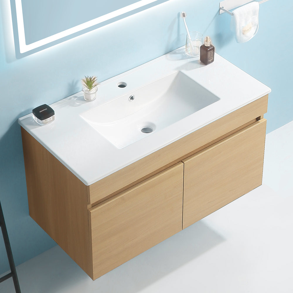 Wall Mounted Bathroom Vanity with Two Soft Close Cabinet Doors with White Ceramic Basin