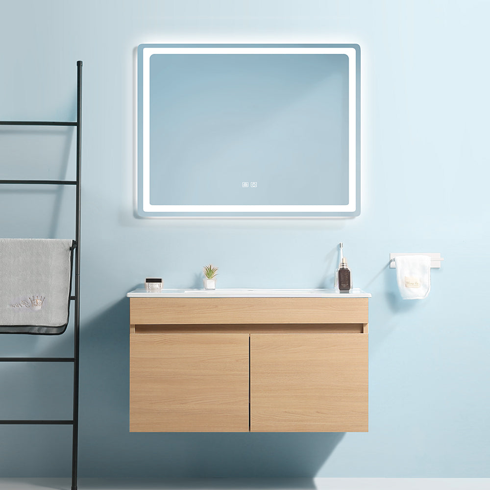 Wall Mounted Bathroom Vanity with Two Soft Close Cabinet Doors with White Ceramic Basin