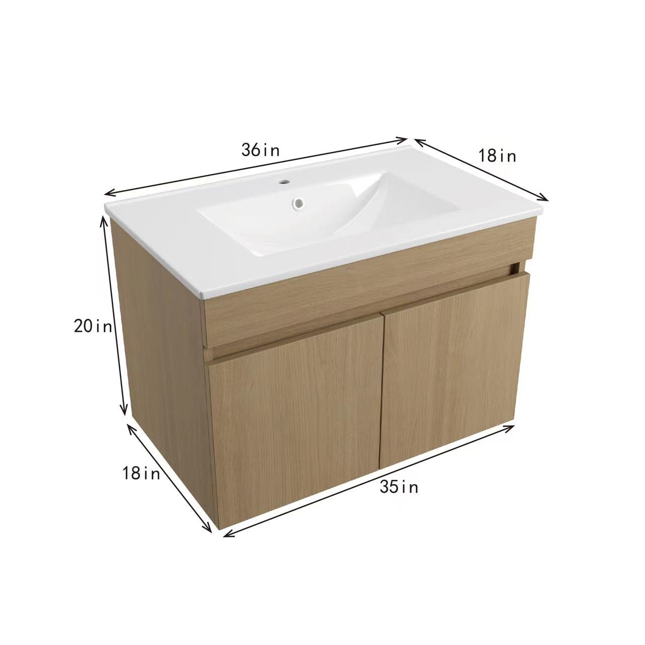 Wall Mounted Bathroom Vanity with Two Soft Close Cabinet Doors with White Ceramic Basin