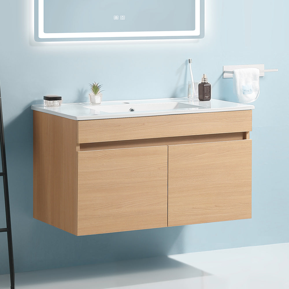 Wall Mounted Bathroom Vanity with Two Soft Close Cabinet Doors with White Ceramic Basin